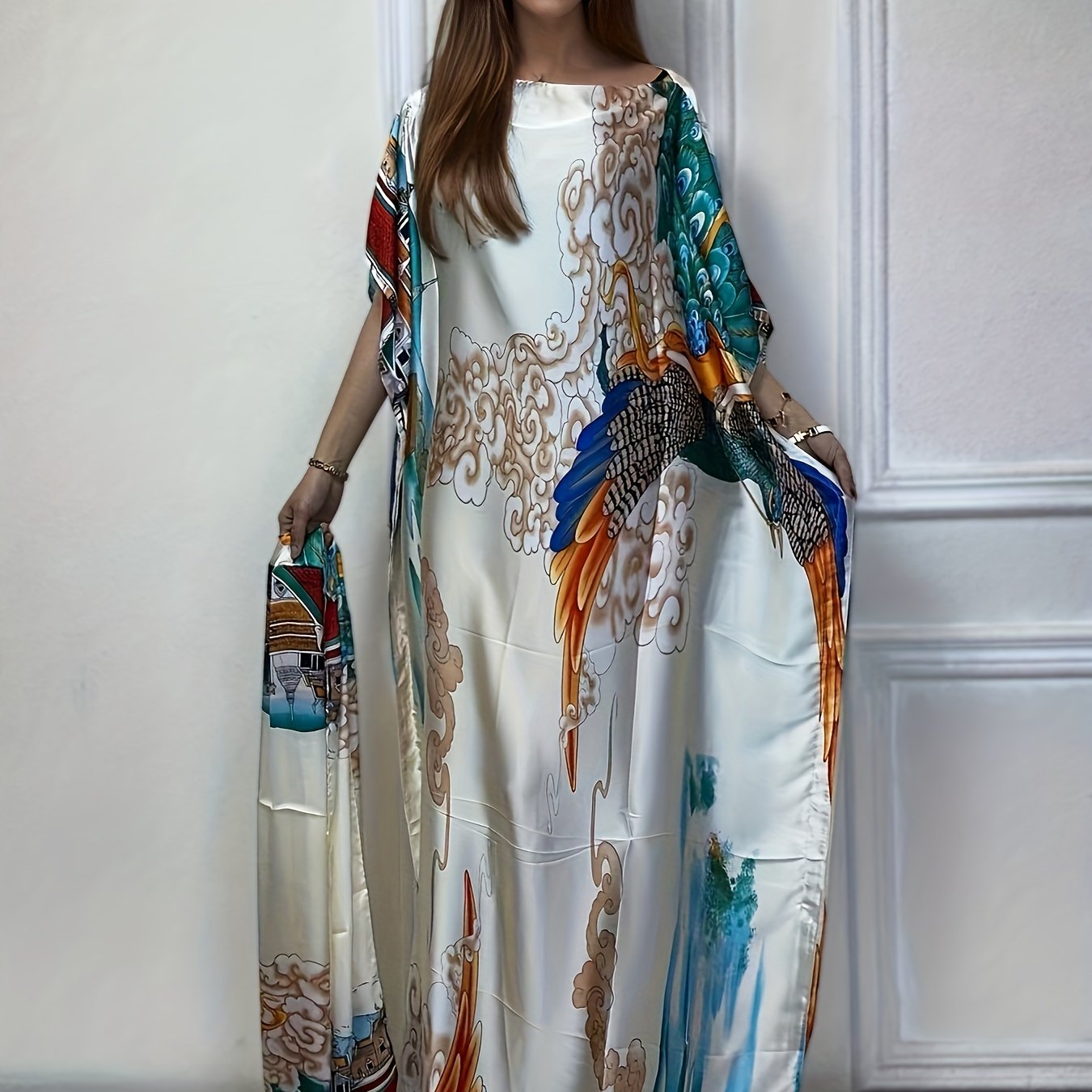 E-shop Abaya mit Grafikdruck und Bootsausschnitt, elegantes, lockeres Kleid mit kurzen Flügelformen und Schal für Frühling und Sommer, Damenbekleidung