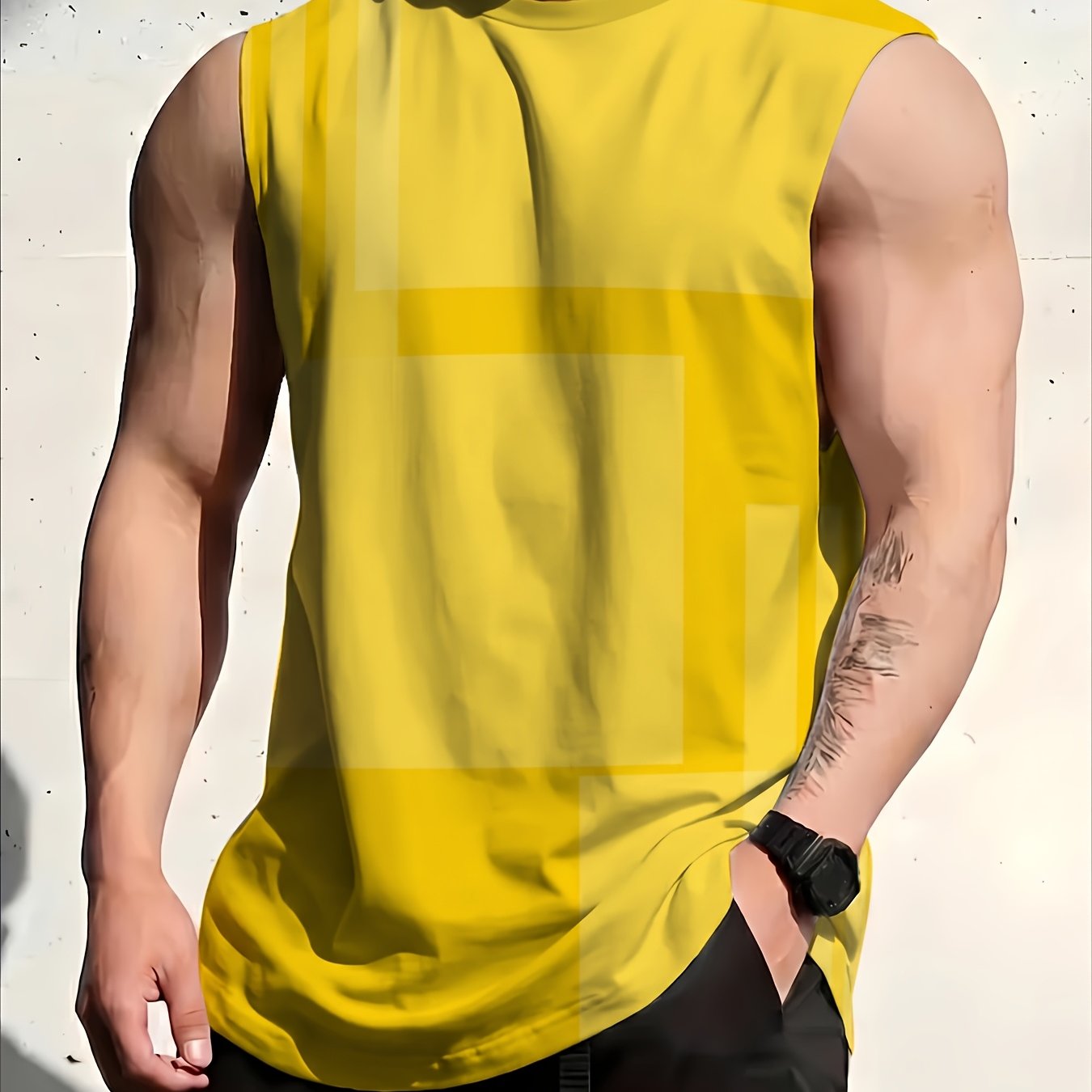 TEMU [print Design - Not Textured] Men's Round Neck Vest Yellow Geometric Sports Fitness Running Training Casual Outerwear Base Layer