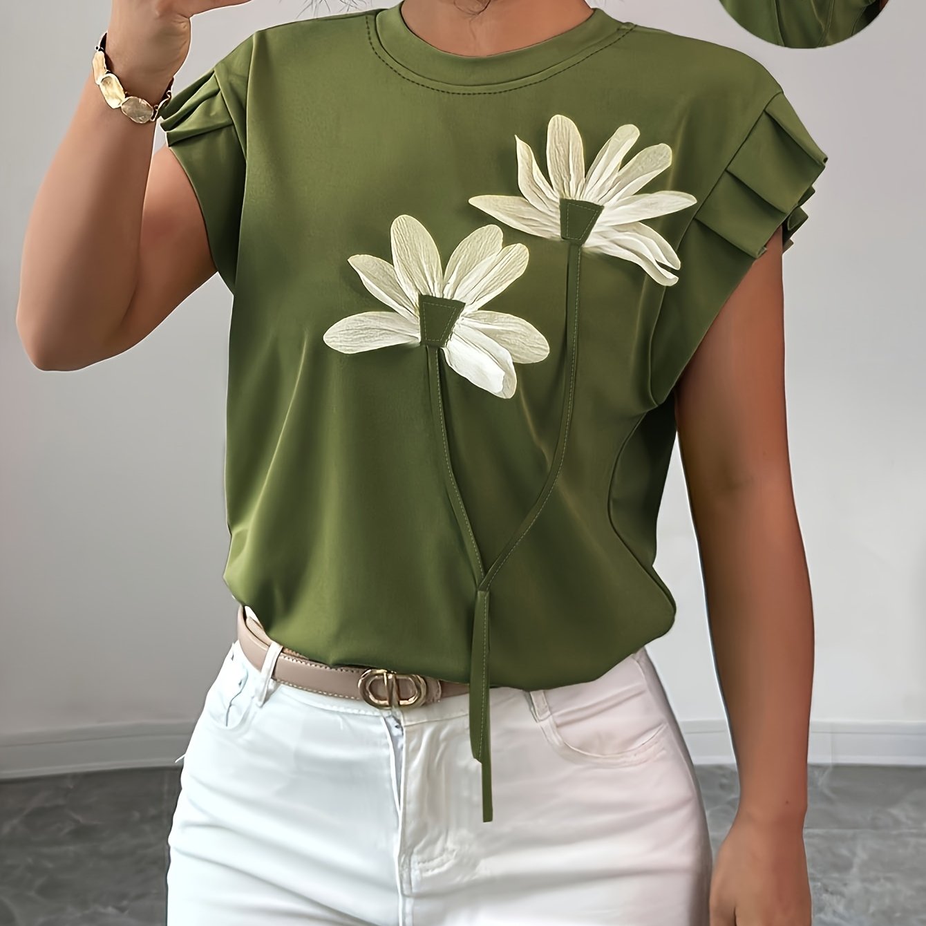 TEMU T-shirt décontracté pour femme, couleur unie, col rond, manches à capuchon pétales, pour et l'été