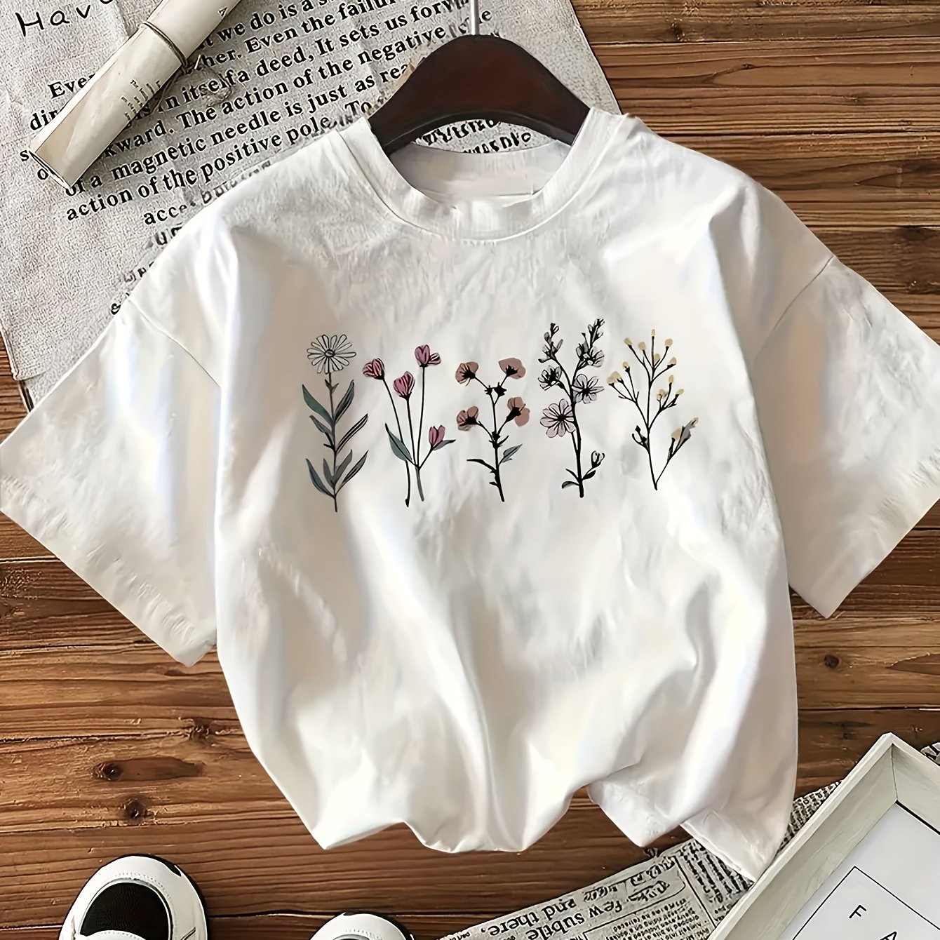 TEMU Floral Print Short Sleeve Round Neck Athletic T-shirt Women's Top