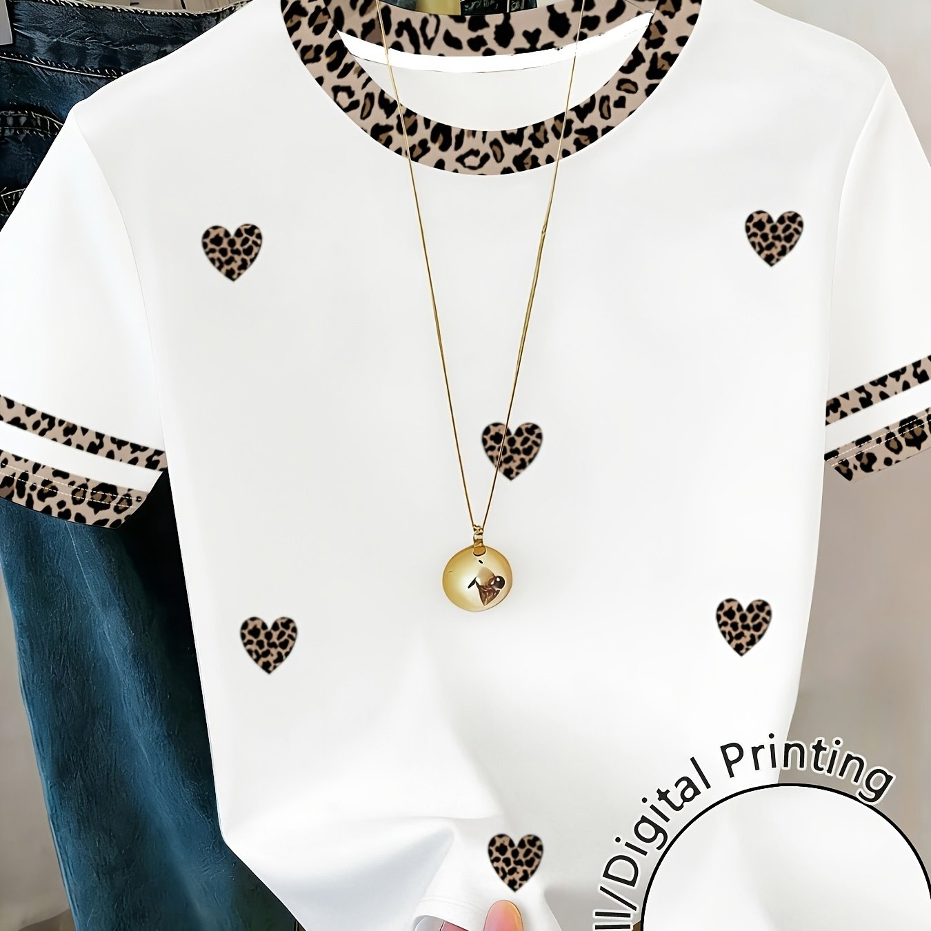 TEMU T-shirt pour femme à cœur imprimé léopard et à de couleur - Haut vintage et cool à manches courtes et col ras du cou avec motif léopard et uni,