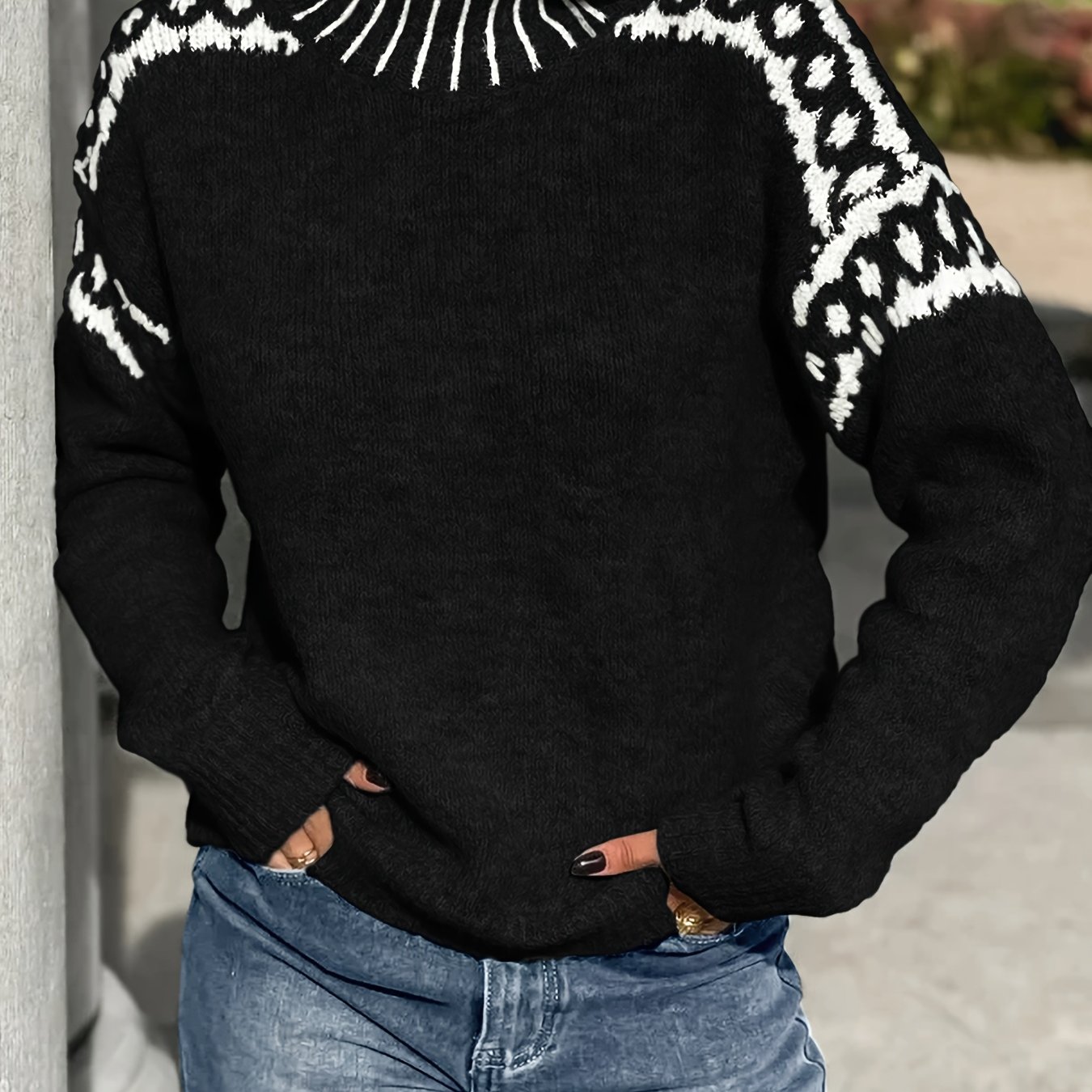 Directional Style - Women's Elegant Contrast Trim Half-turtleneck Pullover