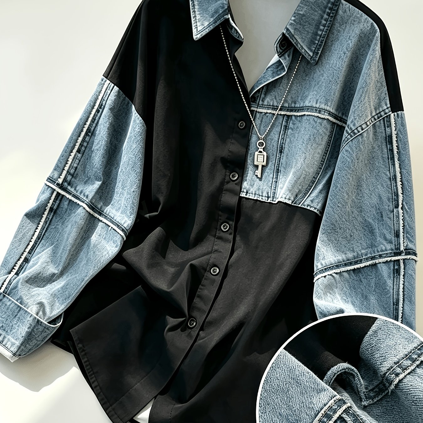 TEMU [printed Pants - Not Denim Fabric]women's Printed Design Shirt, Retro Casual Loose Long Sleeve Button-up Denim Printed Lapel Shirt - Made Of