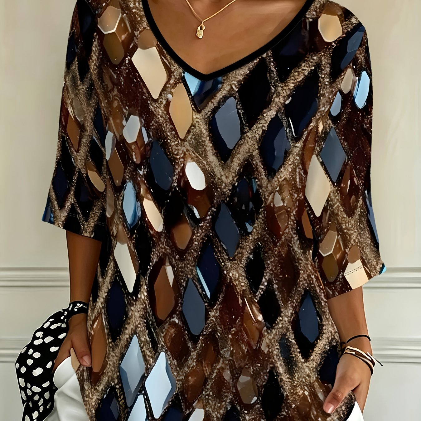 TEMU Plus Size, [printed Design - Not Textured] Casual And Fashionable Holiday New Arrival Plus Size Vintage Rhombus Gemstone -quarter Sleeve V-neck