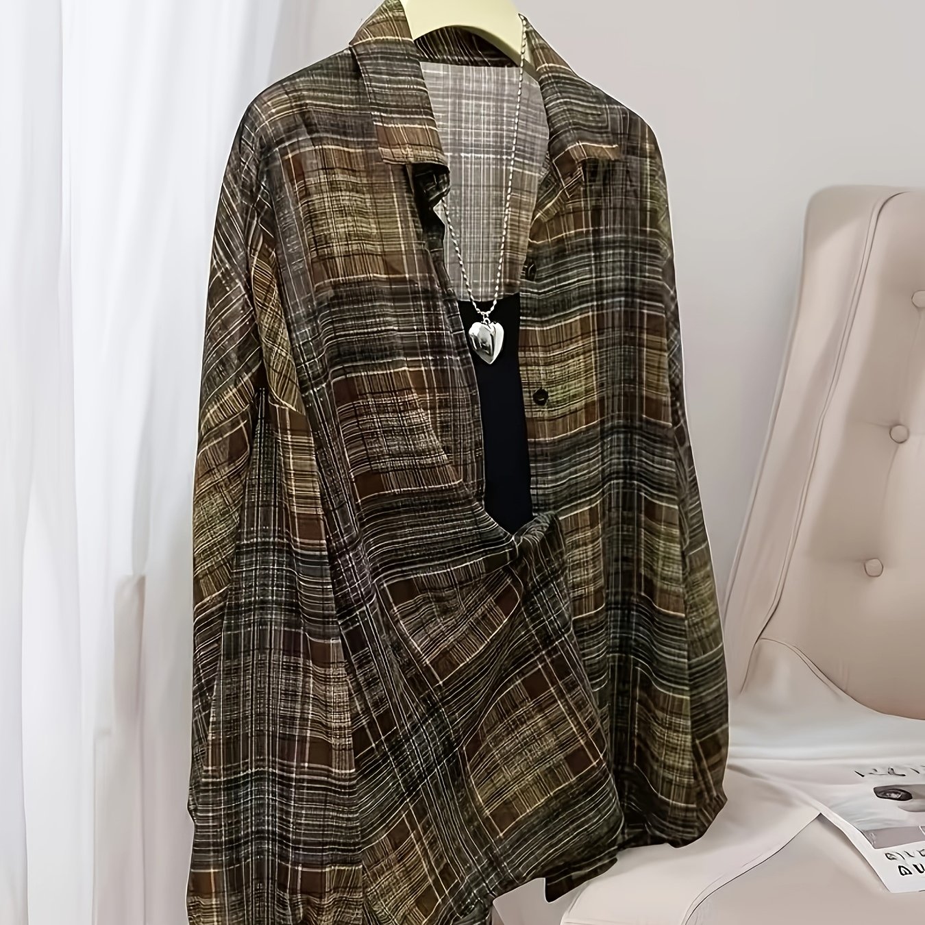 TEMU Elegant And Stylish Women's Lightweight Loose-fit Semi-sheer Plaid Casual Shirt