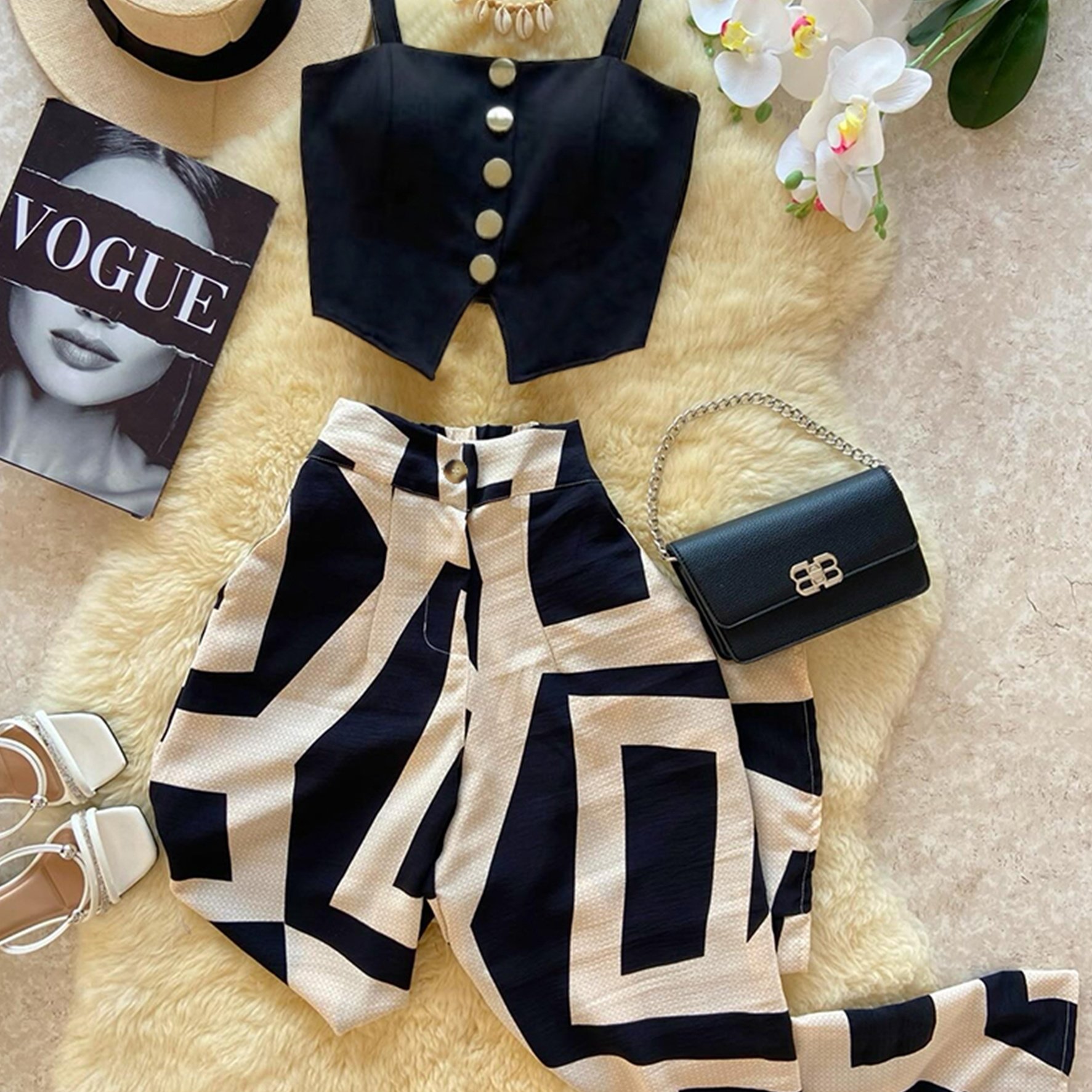 TEMU [ For Regular Fit] Elegant Printed Two-piece Vacation Set, Solid Color Sleeveless Cami Top And Suit For Women, Elegant Women's Set