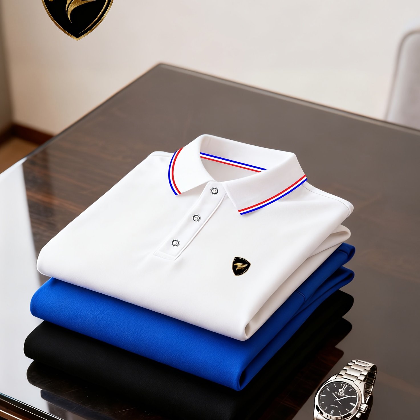 TEMU 3pcs (3pcs) Men's Short-sleeve Shirts Logo & Multicolor Striped Collar/cuffs - Breathable Moisture-wicking Fabric, Button-front , Suitable For