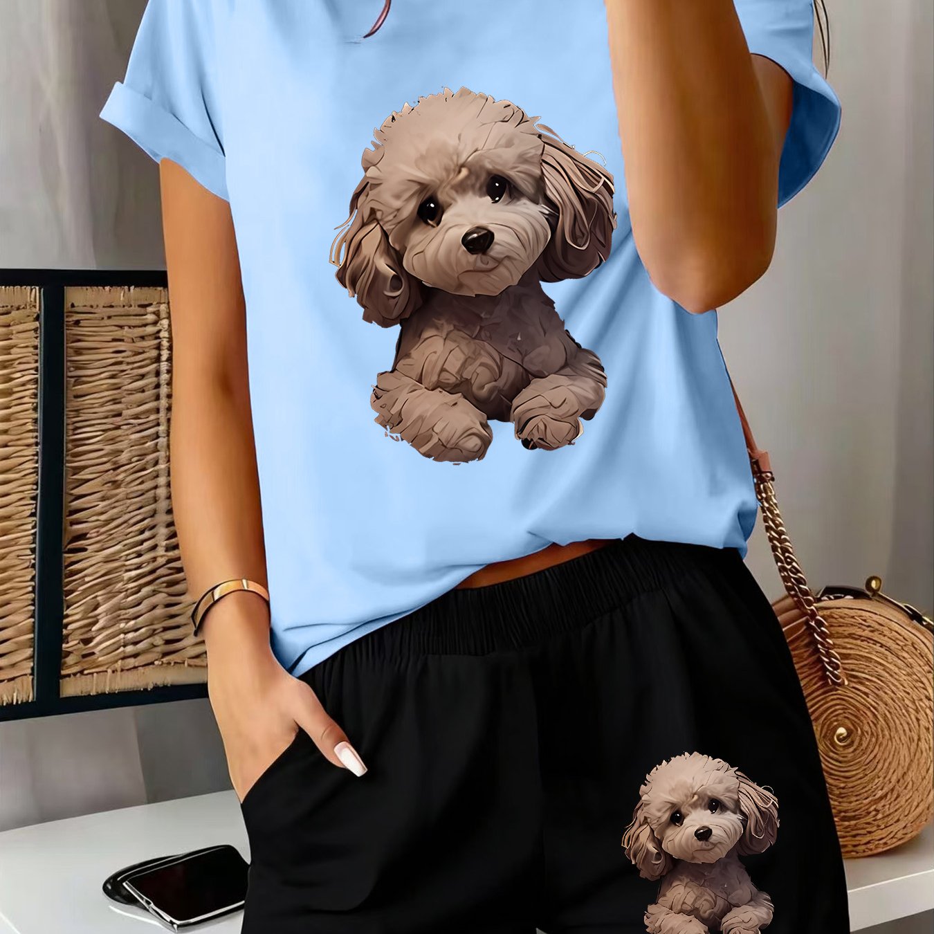 TEMU 2pcs Women's Spring Short-sleeve Set - Cute Printed Short-sleeve And Shorts Outfit, Comfortable, Soft, Breathable Sportswear For Daily Wear,
