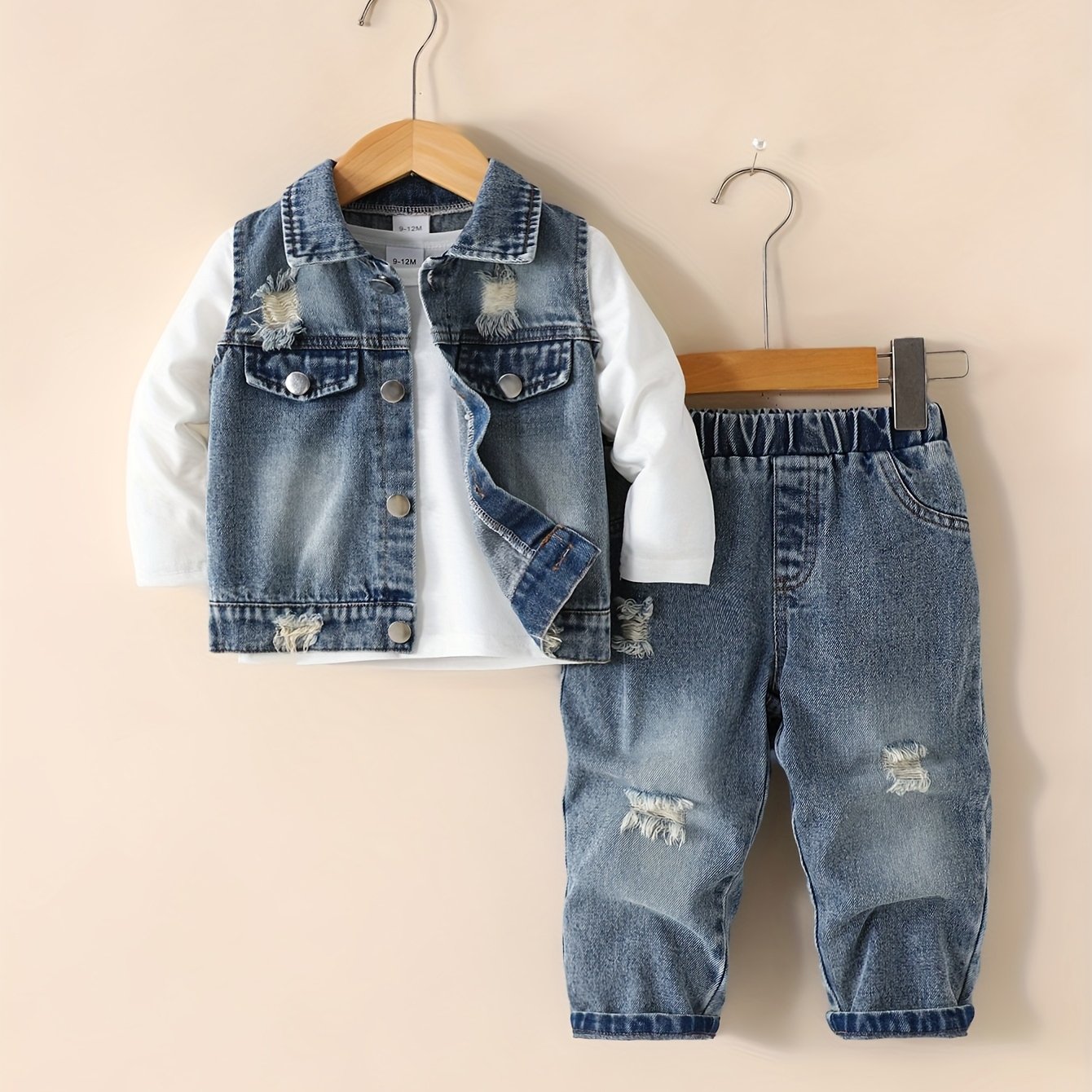 2pcs Baby Boy Denim Set, Distressed Jeans+denim Vest, For Outdoor