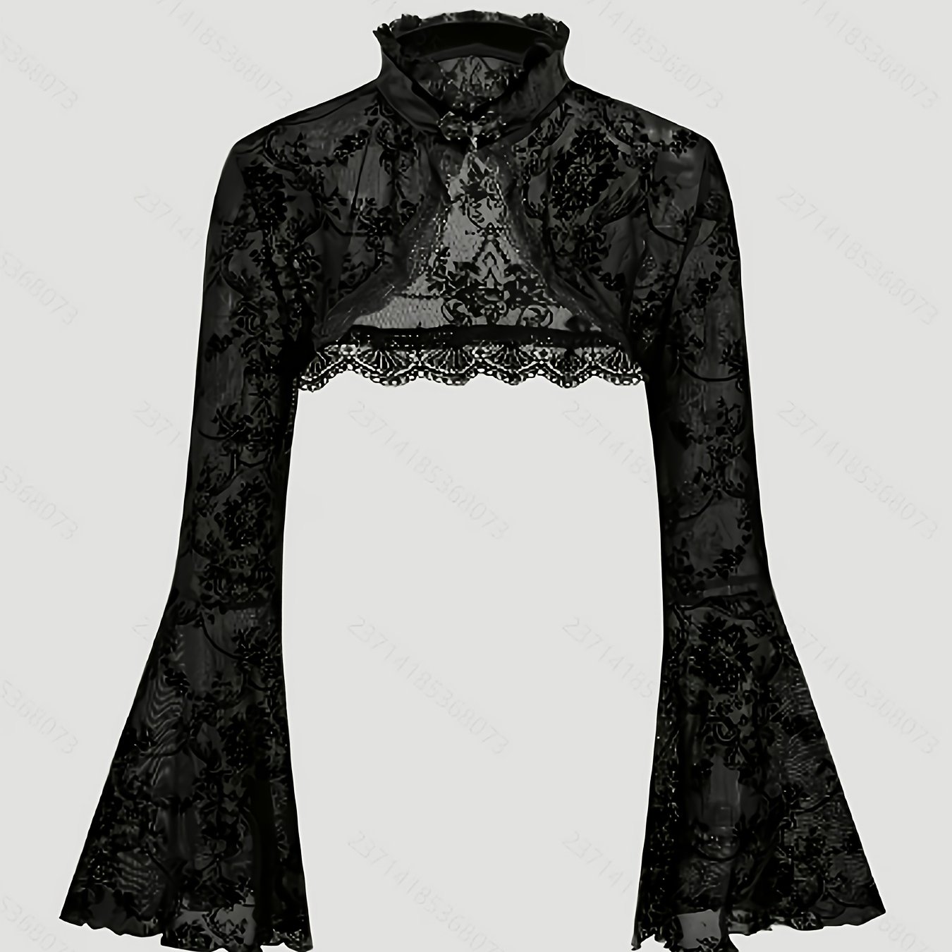 TEMU Cardigan court en velours floral gothique pour femme - Haut d'épaule nue en transparente à manches cloche longues et col haut pour fête et
