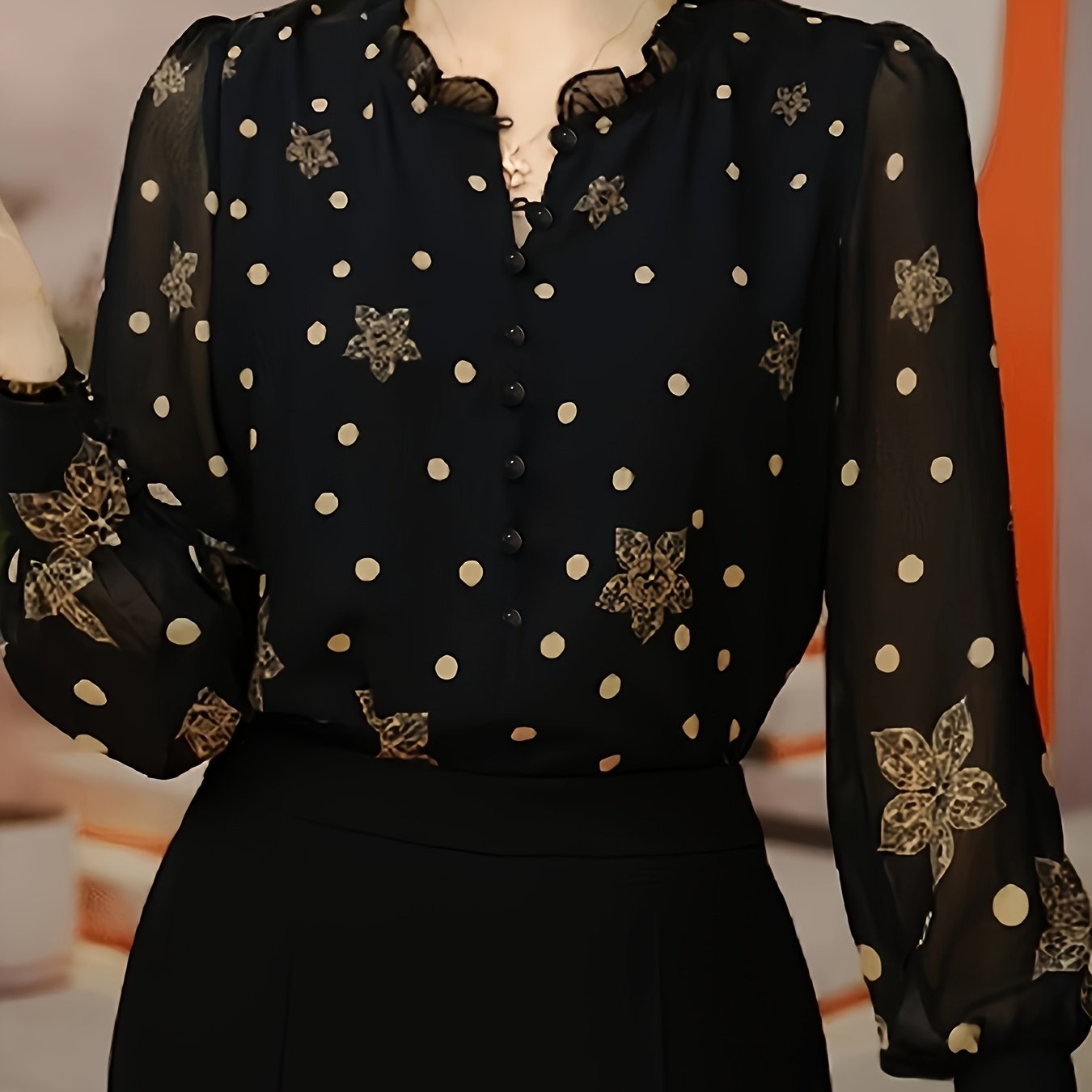 TEMU Fashion Maple Leaf Print Blouse Women's High-end Exquisite Polka Dot Long Sleeve Mom Outfit Chic Top