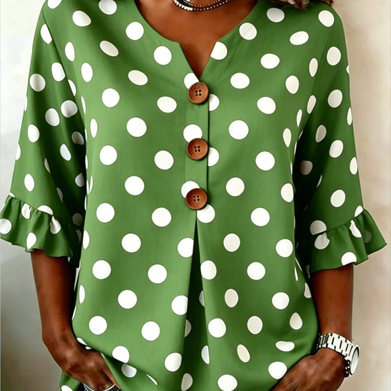 Image of Plus Size, Plus Size Women's V-neck Button- Navy Polka Dot Printed Casual Top For Casual Attire, Perfect Gift For Mother, Sister Or Friend