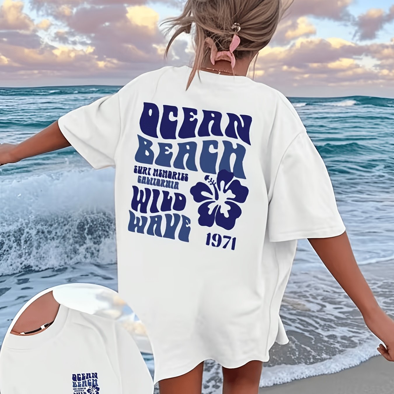 TEMU T-shirt décontracté à manches courtes et col ras du cou pour femme, imprimé avec le motif et le slogan « Profitez de la plage et », adapté aux