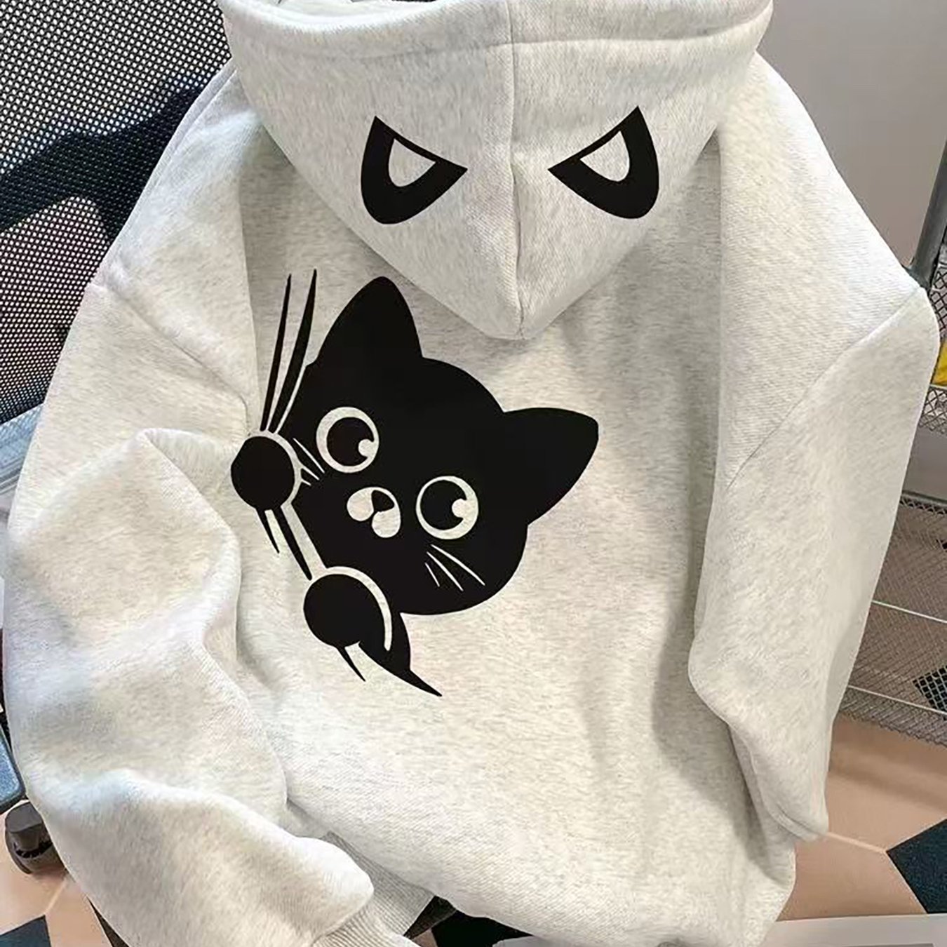 TEMU 미국 스타일 레트로 뉴 만화 귀여운 고양이 발바닥 프린트 고양이 귀 프린트 긴소매 후드 플리스 스웨트셔츠 여성 남성 가을 겨울 하이 스트리트 트렌디 브랜드 루즈 커플 후드티 탑
