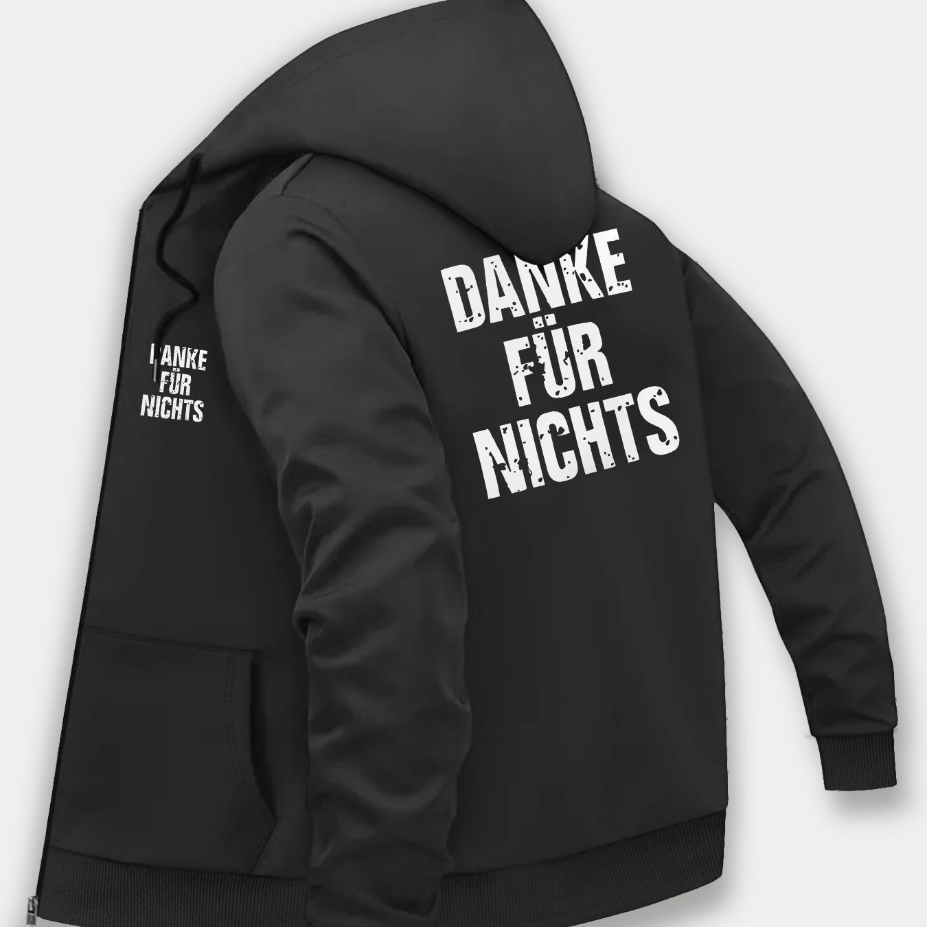 E-shop Stylische Jacke mit Kapuze für Herren, deutscher ironischer Aufdruck, lässige Zip-Up Jacke, Seitentaschen und Slim Fit, Herbst- und