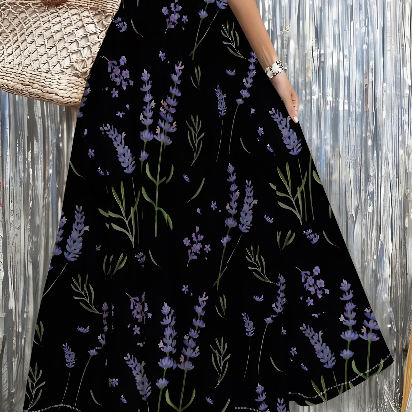 TEMU Womens Skirt Black Lavender Floral Print Maxi Skirt, Suitable For Beach, Casual , Parties, And Casual Attire, Lightweight And , Summer Events