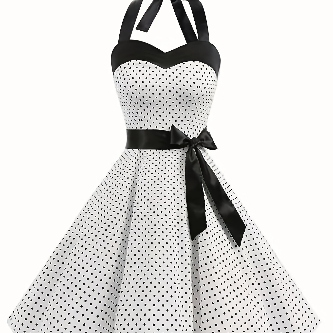 TEMU Women's Vintage-inspired Polka Dot Halter Neck Dress With Adjustable Waist Tie - Flared A-line Silhouette, Contrast Trim & Machine Washable For