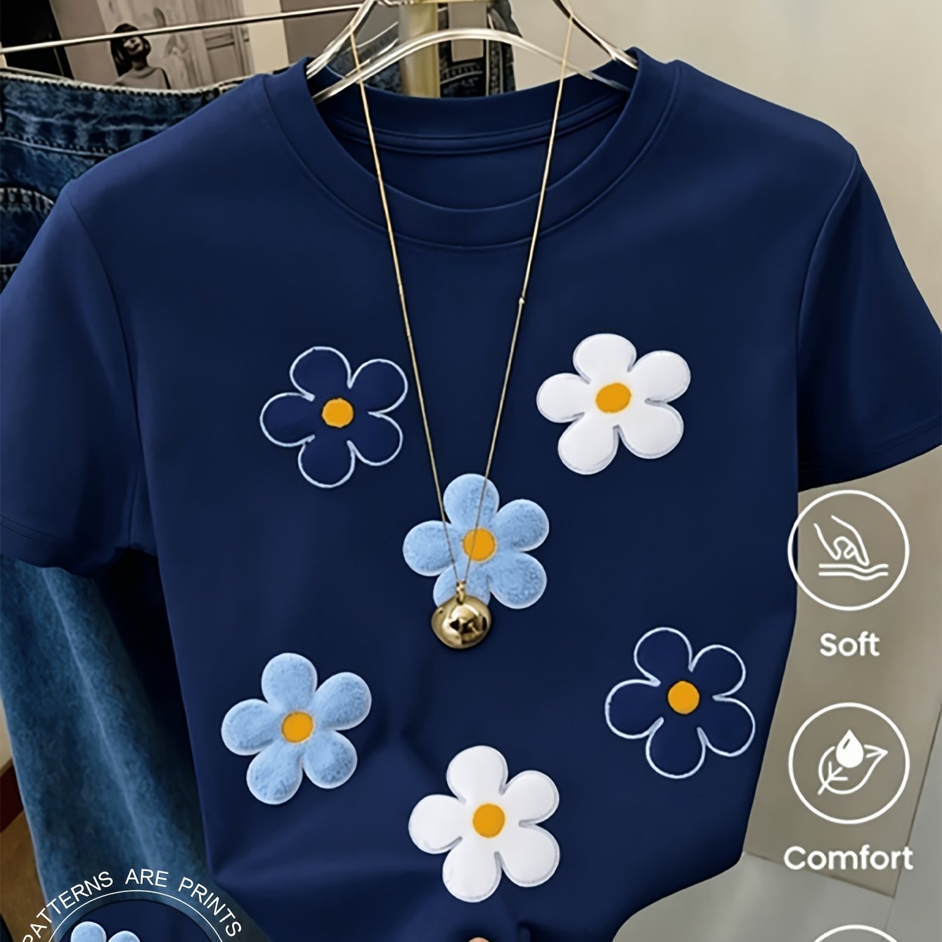 TEMU Women's Semi-sheer Short-sleeve T-shirt With -compatible Flower Print - Regular Neck Top, Machine Washable Suitable For , Casual Layering Basic
