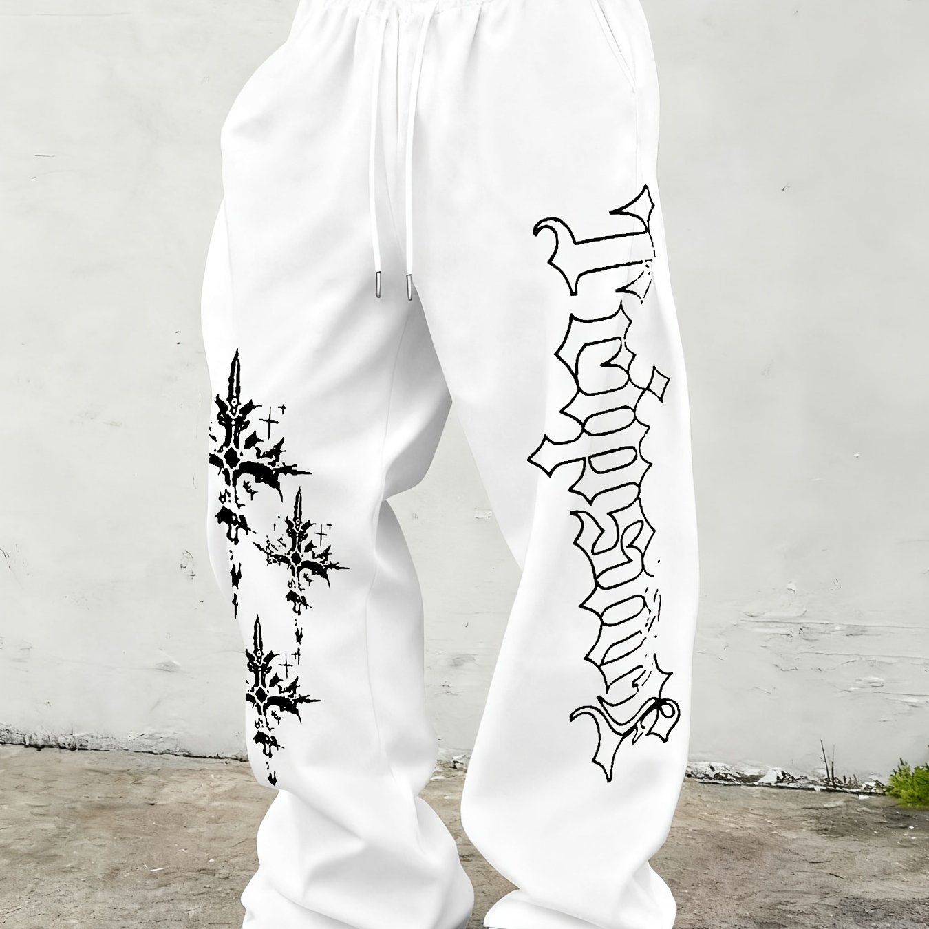 TEMU Men's Versatile Solid Color Drawstring Loose Casual Sports Pants | Knitted Fabric, Alphabet Pattern, Straight Leg, Perfect For Weekend Casual,