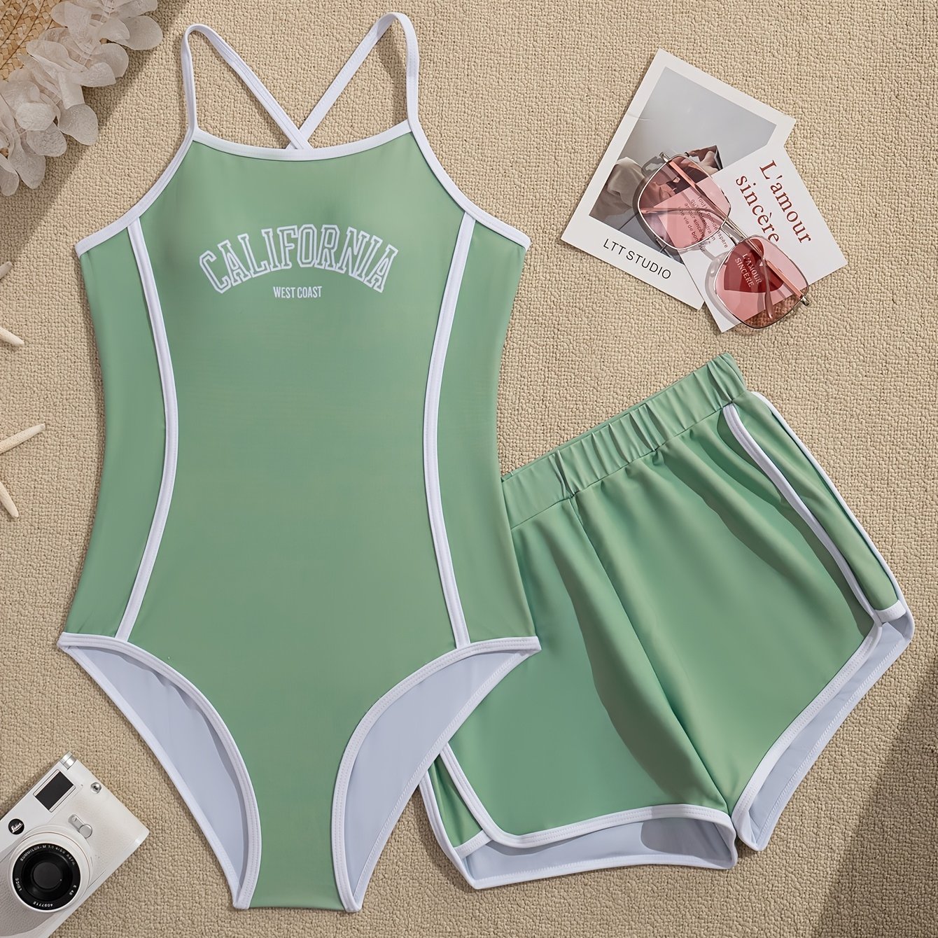 TEMU Summer Fashion Easy Style Small Fresh Mint Green Contrasting White -piece Swimsuit   Shorts Swimwear Two-piece Set