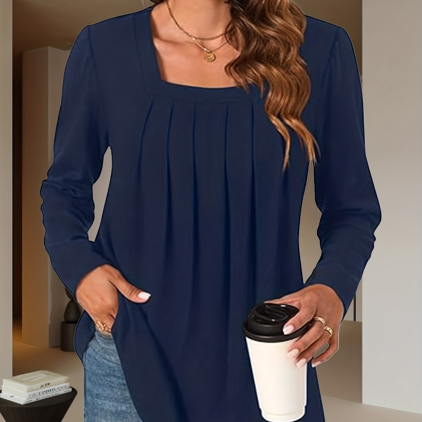 TEMU Elegant And Stylish Women's Fall/winter 2025 Square Neck Pleated Loose Fit Casual Flowy Blouse Shirt