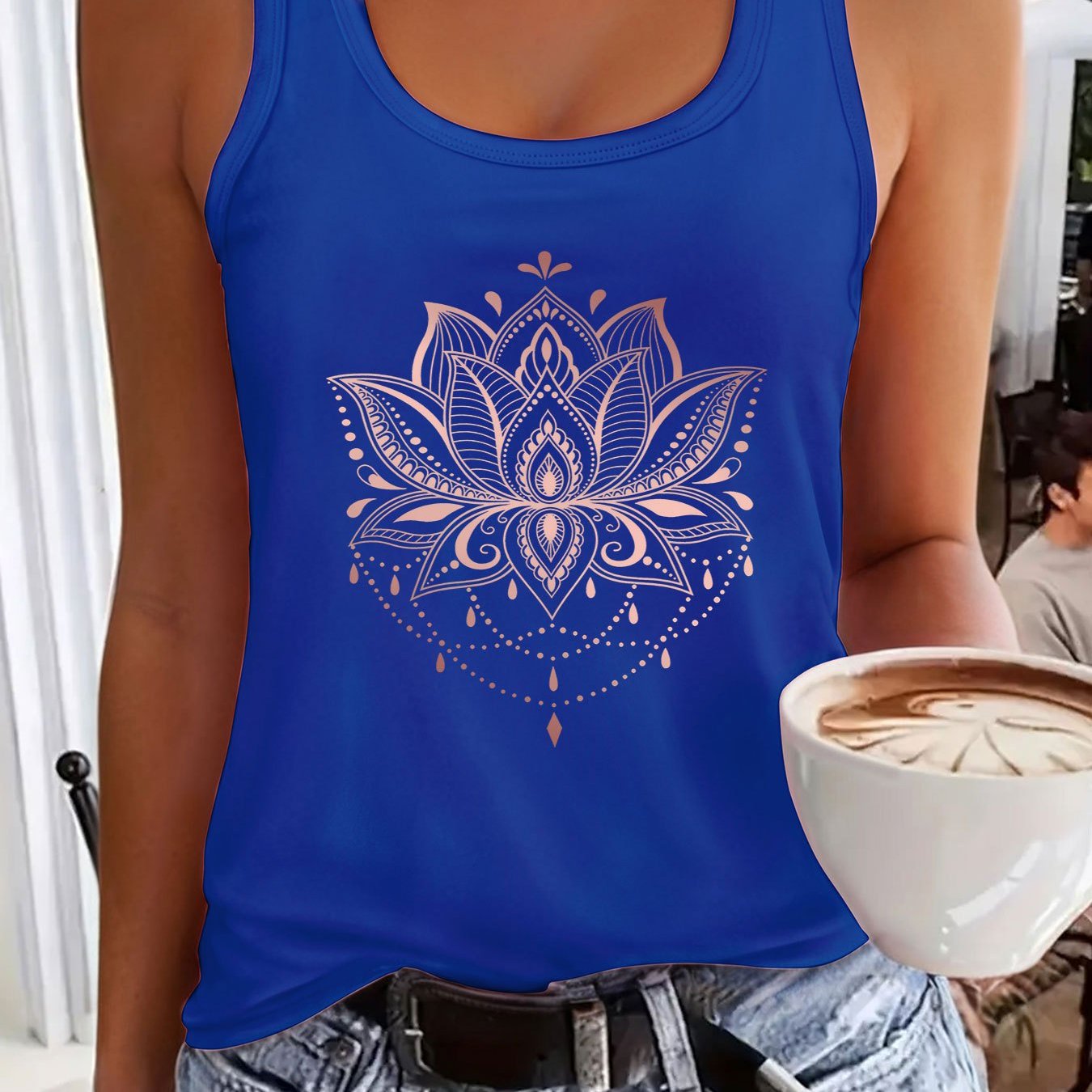 TEMU Leuchtend Oranges Pailletten-Blumenmuster Tanktop für Damen - Ärmelloses Freizeit-Sommer & Frühlingstop mit Rundhalsausschnitt, Mittlere