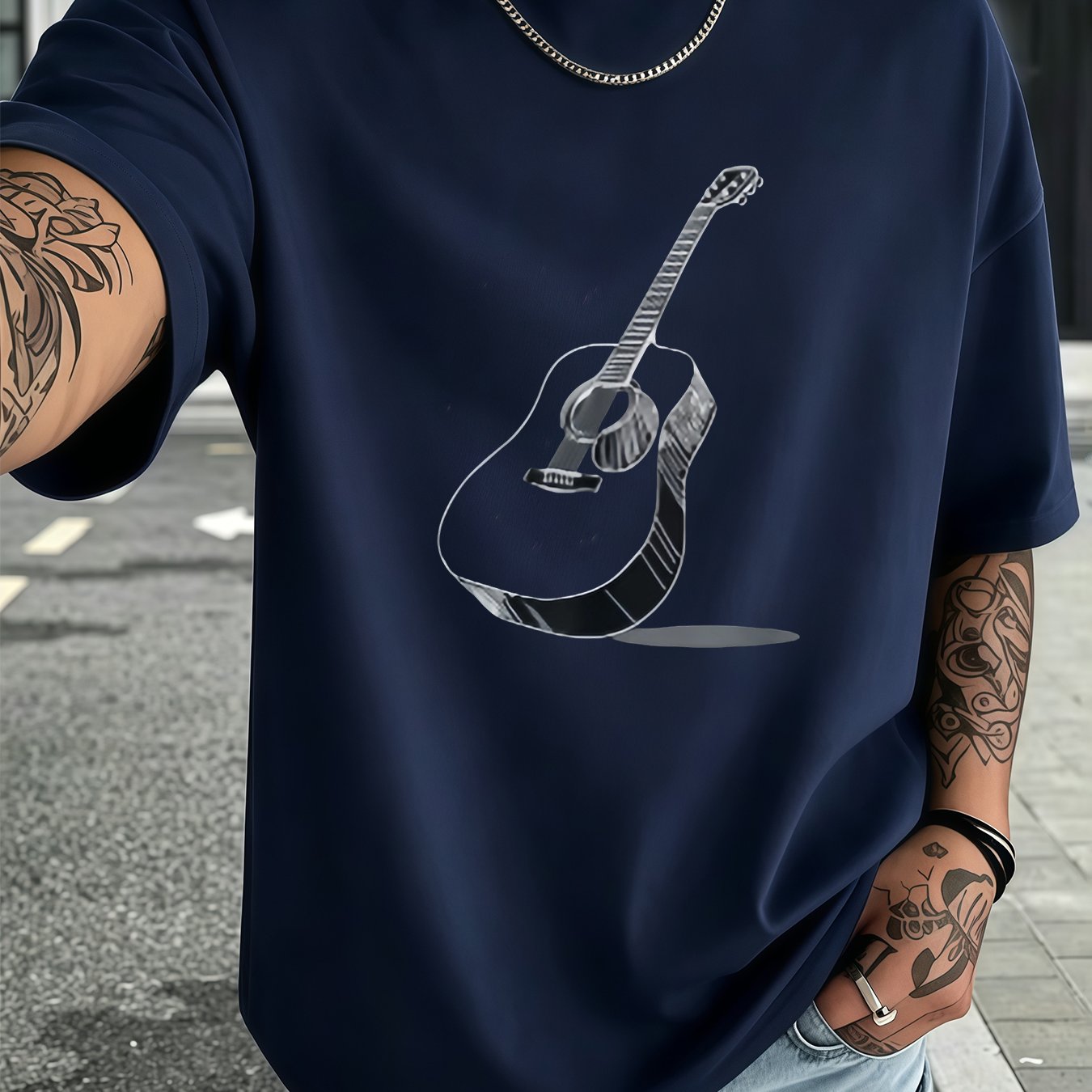 TEMU Men's Acoustic Guitar T-shirt - 's Soft Breathable Crew Neck Short Sleeve Shirt With Guitar Print, Suitable For Summer Casual Wear, Concerts &