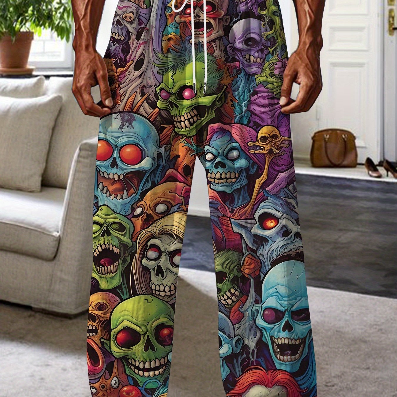 E-shop Lässige Herrenhose mit geradem Bein | Amerikanischer Retro-Stil, trendig für Jugendliche, leicht dehnbarer Stoff mit -Print