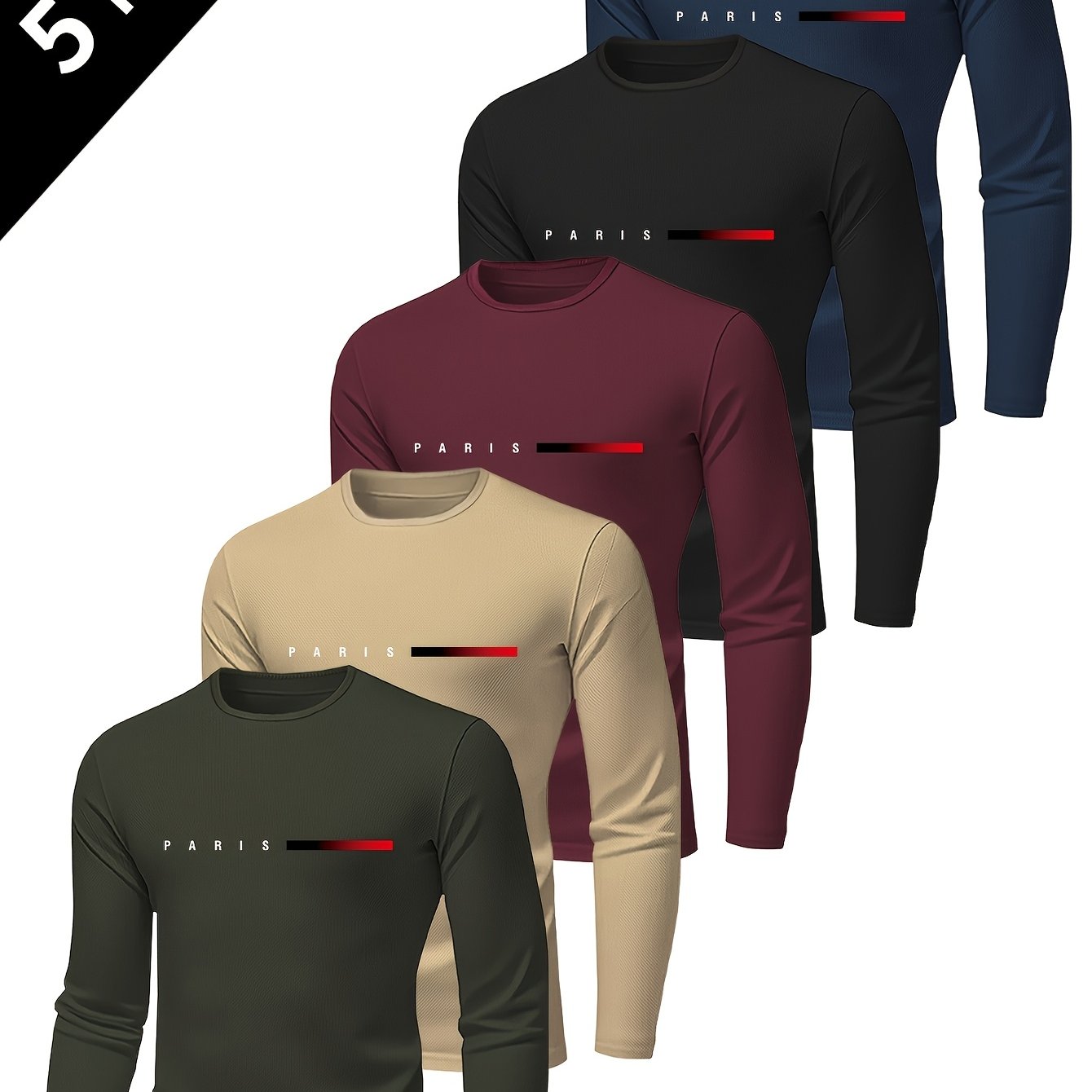 TEMU 5pcs Men's Long Sleeve T-shirts - Breathable Polyester - Paris Print Design, Regular Fit For Spring/fall