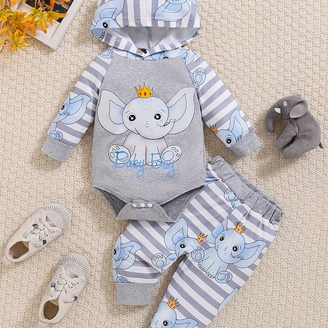 Image of Cute Elephant Print Hooded Jumpsuit And Pants Set For Babies, Soft Polyester Fabric, Machine Washable, Autumn And Winter Outfit For Boys And Girls
