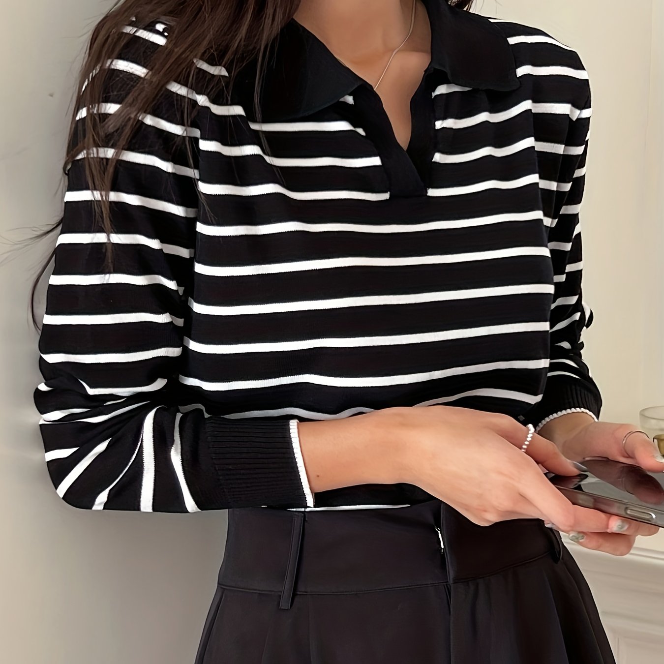 TEMU Women's Striped Pattern Lapel Sweater, Long-sleeved Top Autumn