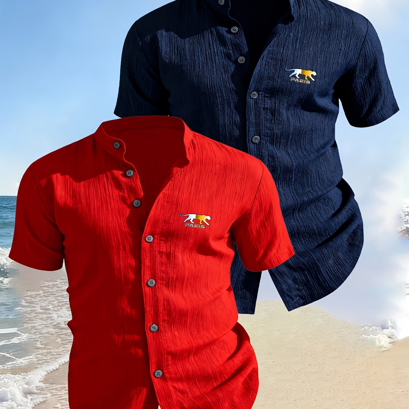 TEMU [josimei Obm] 2pcs Men's High-quality Summer Short-sleeved Cardigan Shirt_men's Clothing, Geometric Pattern, Suitable For Beach Leisure Outdoor