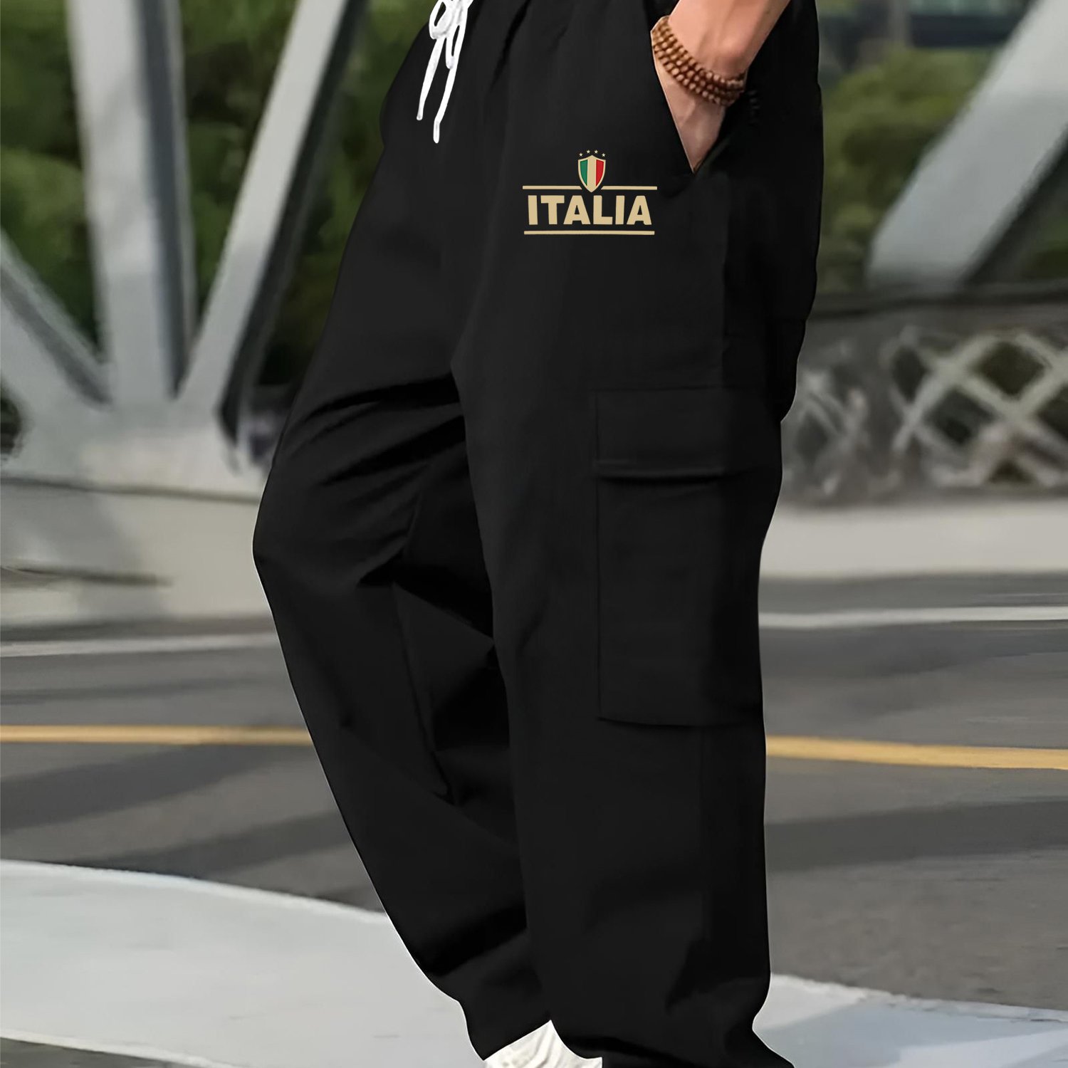 TEMU Plus-size Clothing - Plus-size Men's Straight-leg Pants With Italian Pattern Prints, Featuring Pockets And A Drawstring Design, Cargo Style,