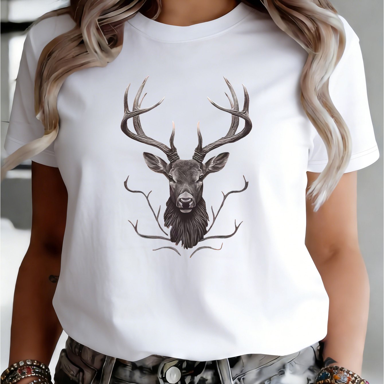 TEMU Women's Deer Head & Antler Print T-shirt - Short Sleeve Crew Neck Casual Blouse Top With Stag Design, Machine Washable Suitable For , Black And