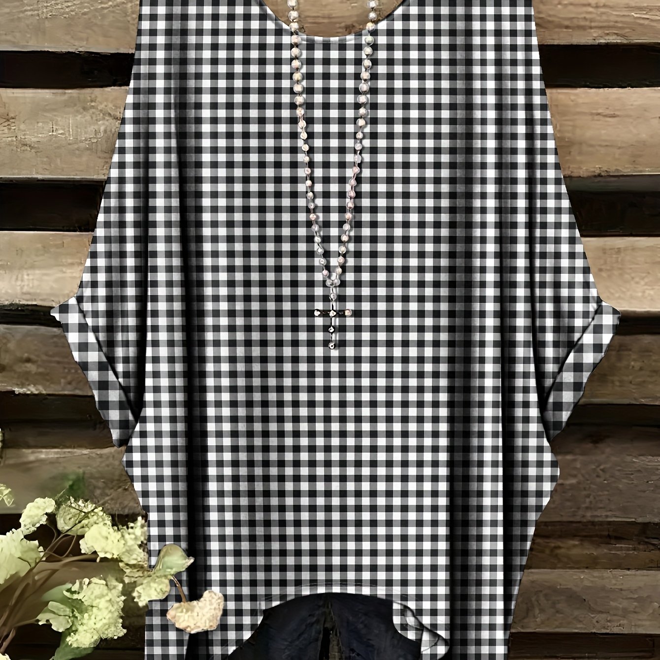 TEMU Plus Size, Size Women's Clothing Elegant Bohemian Plus Size Simple Pattern Print Irregular Hem Round Neck T-shirt, Fashionable And Versatile,