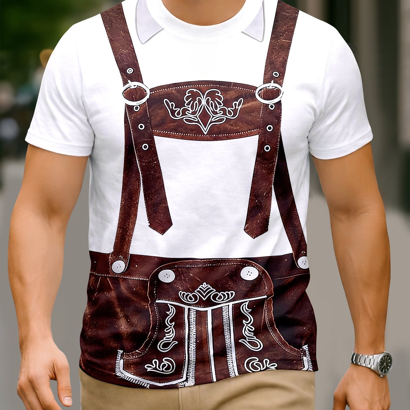 TEMU [printed Design - Not Textured] German Oktoberfest Pants Design Short-sleeve T-shirt, Fashionable Daily Summer Men's T-shirt