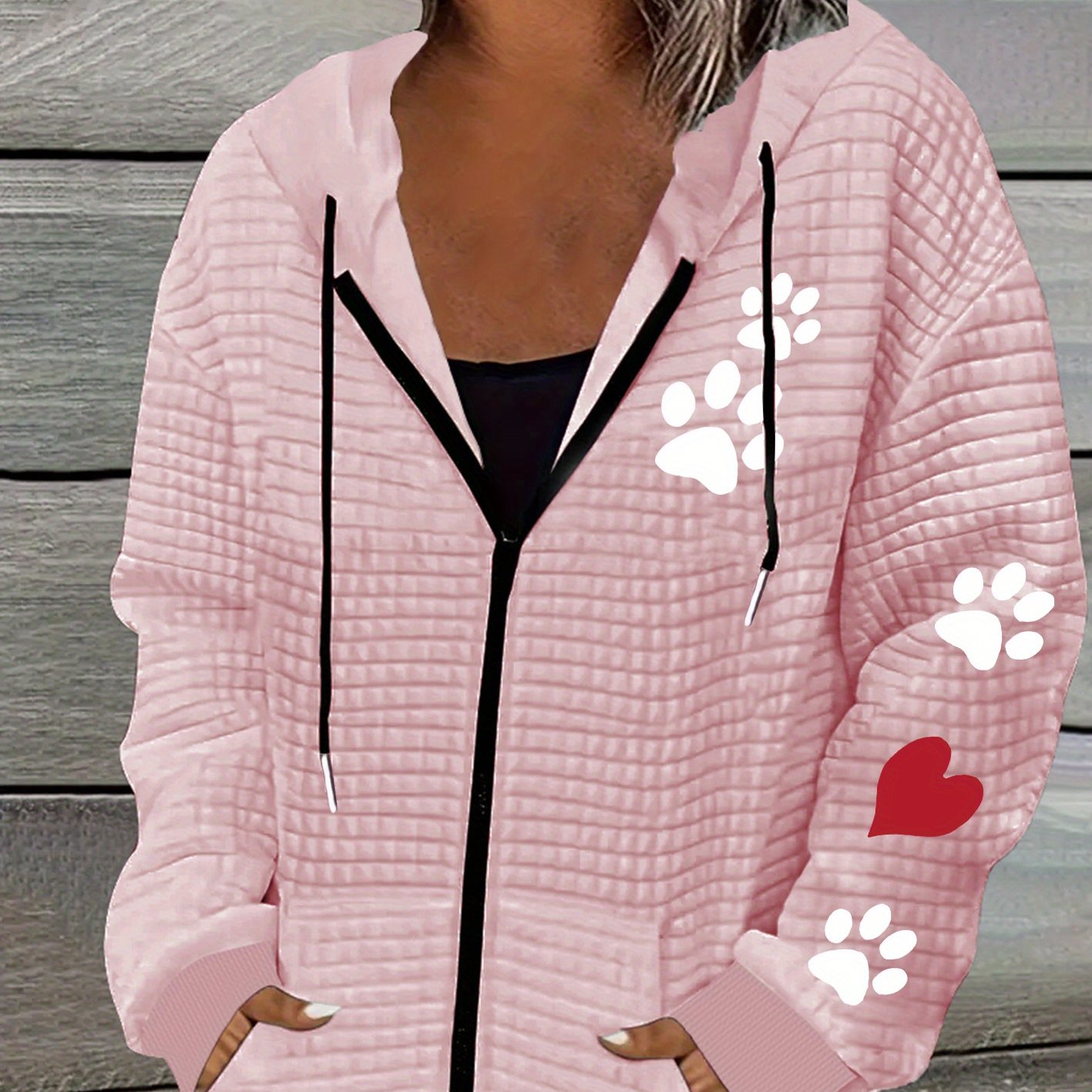 TEMU Women's Casual Waffle Hooded Jacket With Cat Paw & Heart Print - Machine Washable Polyester Zipper Front, Adjustable Drawstring Hood, Geometric