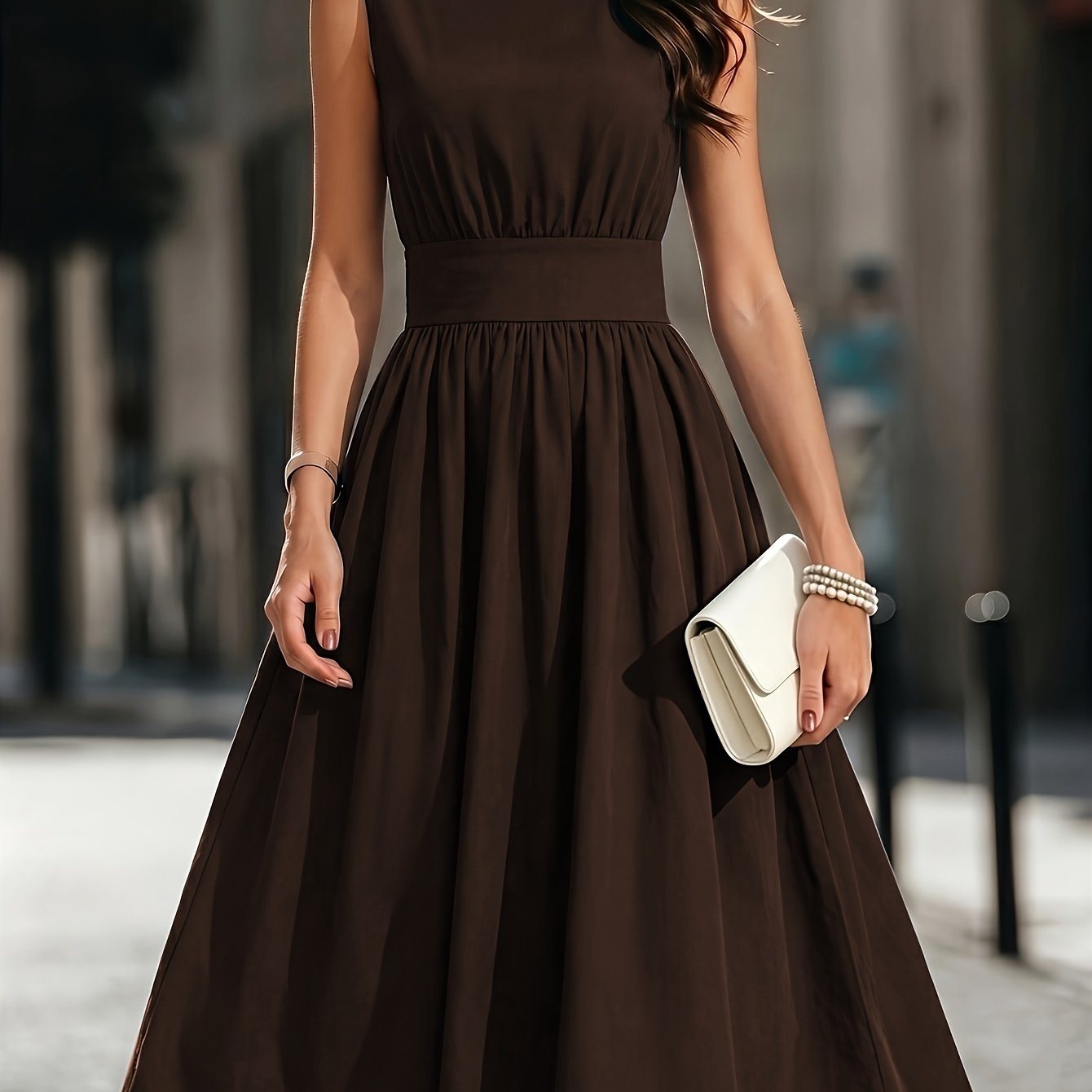 TEMU Women's New Solid Color Sleeveless Round Neck Shirred Waist Flare Dress, Suitable For , Leisure, Travel, And Vacation