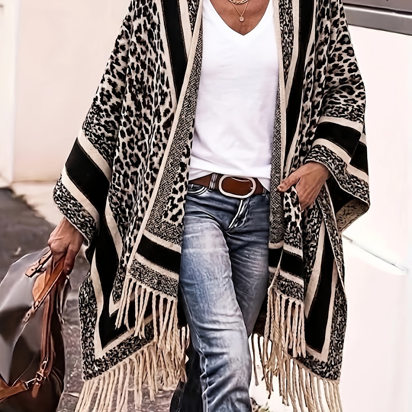 TEMU Talla Grande - Abrigo Versátil de Otoño/Invierno Premium para Tallas Grandes con Estampado de Leopardo, , , con Borlas, Ideal para Conjuntos con