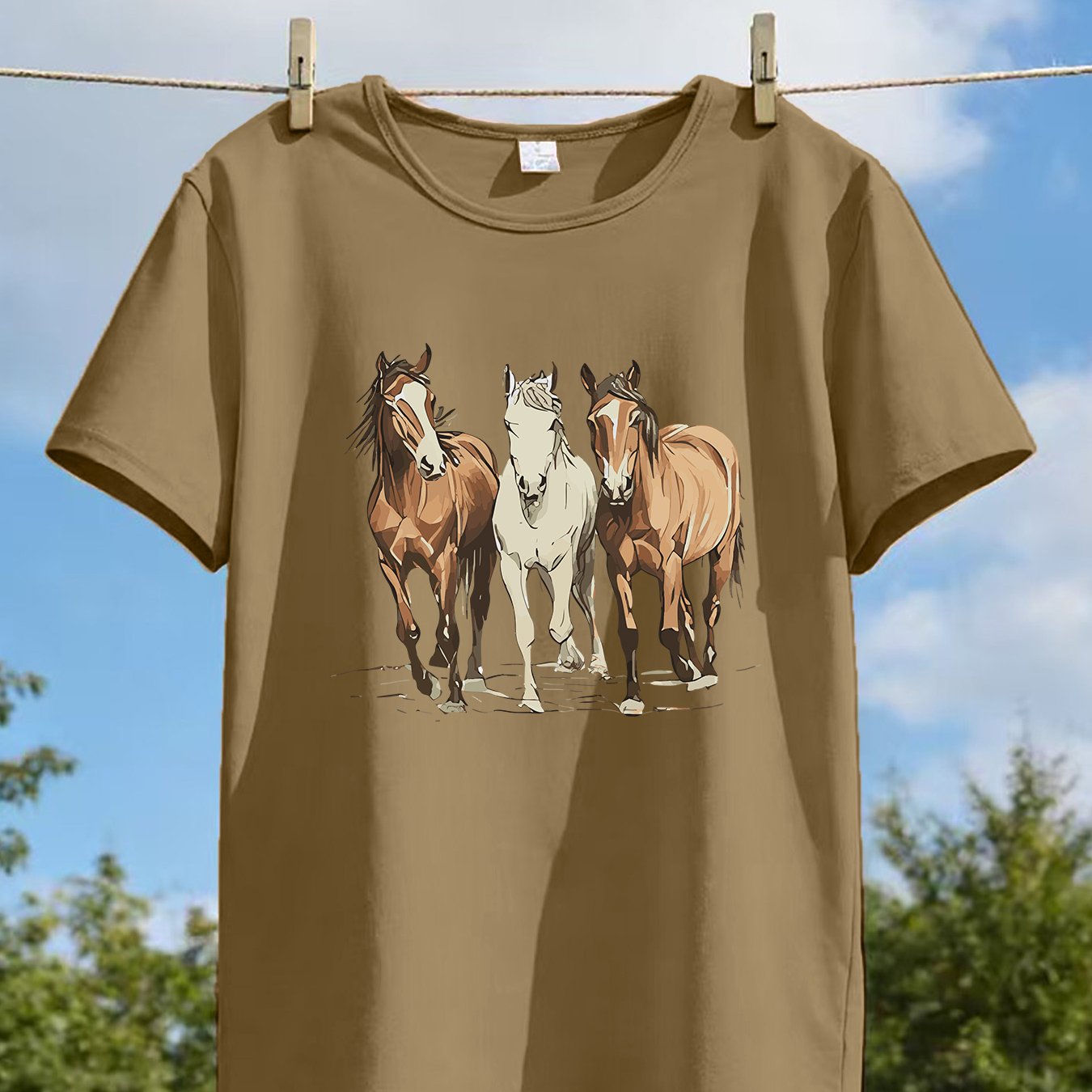 TEMU 1pc Women's & Unisex Y2k Horse Print T-shirt - 3 Horses, Soft Breathable Short Sleeve Round Neck Tee Suitable For Valentine's Day, Graduation