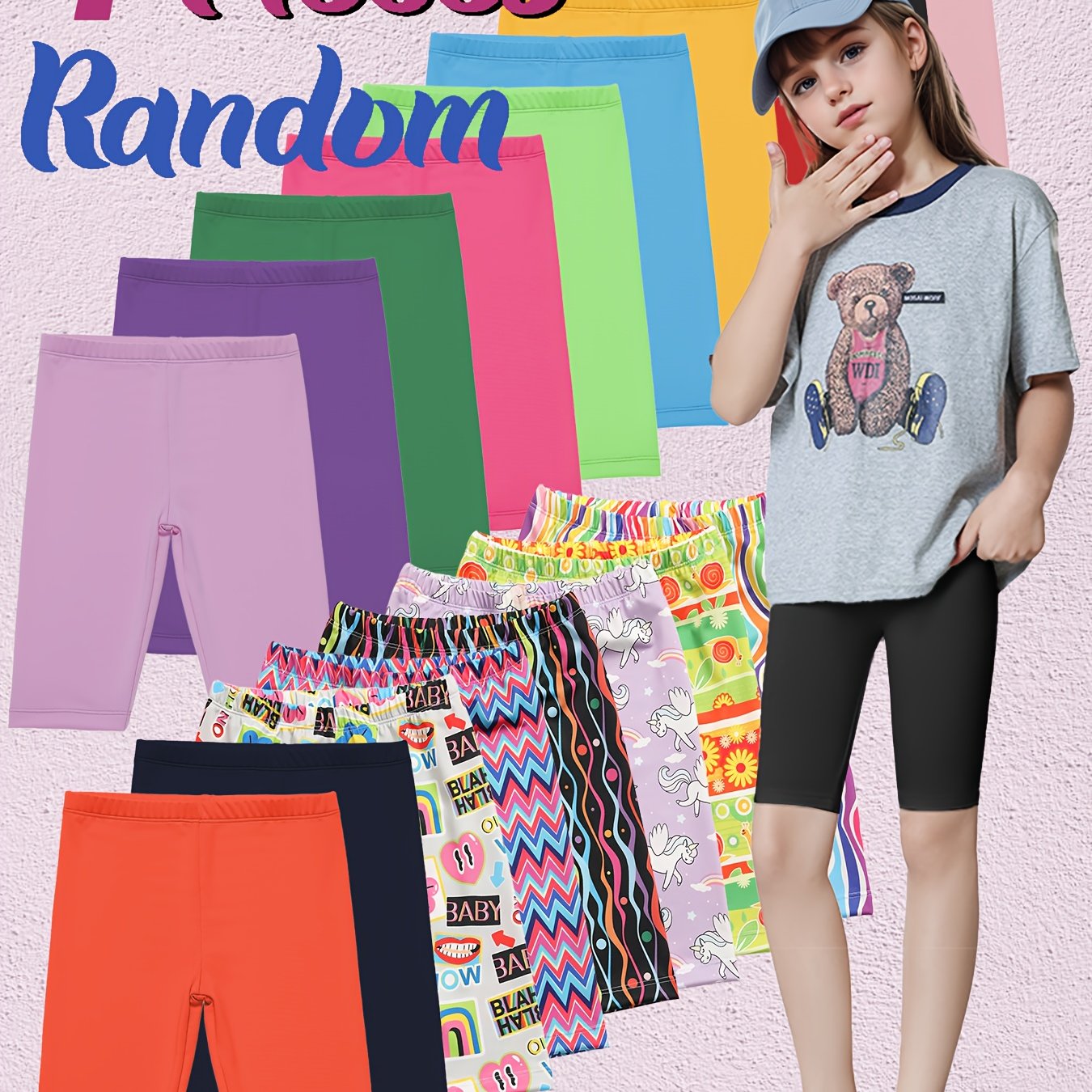 TEMU Random 7pcs Comfy Stretchy Girls' Casual Fashion Shorts | Mid-thigh Length With Elastic Waistband - Solid Colors & Floral Patterns - Perfect For