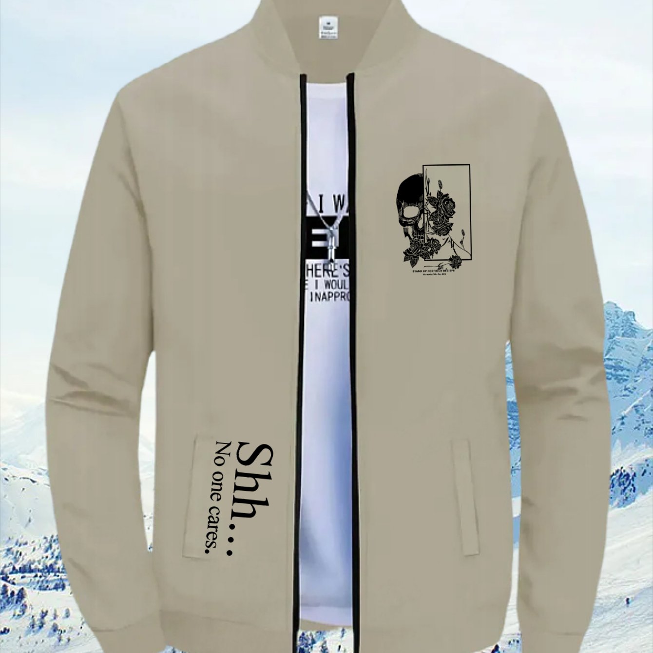 TEMU Men's Fashion Pilot Jacket With "bone" English Print - Casual Stand Collar, Zipper, Long Sleeve Autumn/winter Outerwear, Fall Jacket | Stand