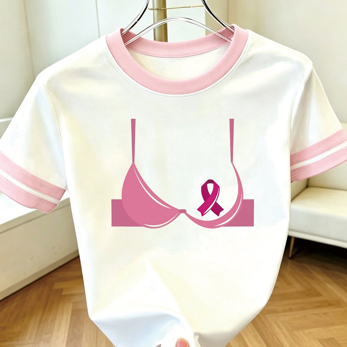 TEMU T-shirt d'été 1 pièce pour femme à manches courtes et color-block, T-shirt caritatif simple pour le du sein, Haut de sensibilisation au du sein