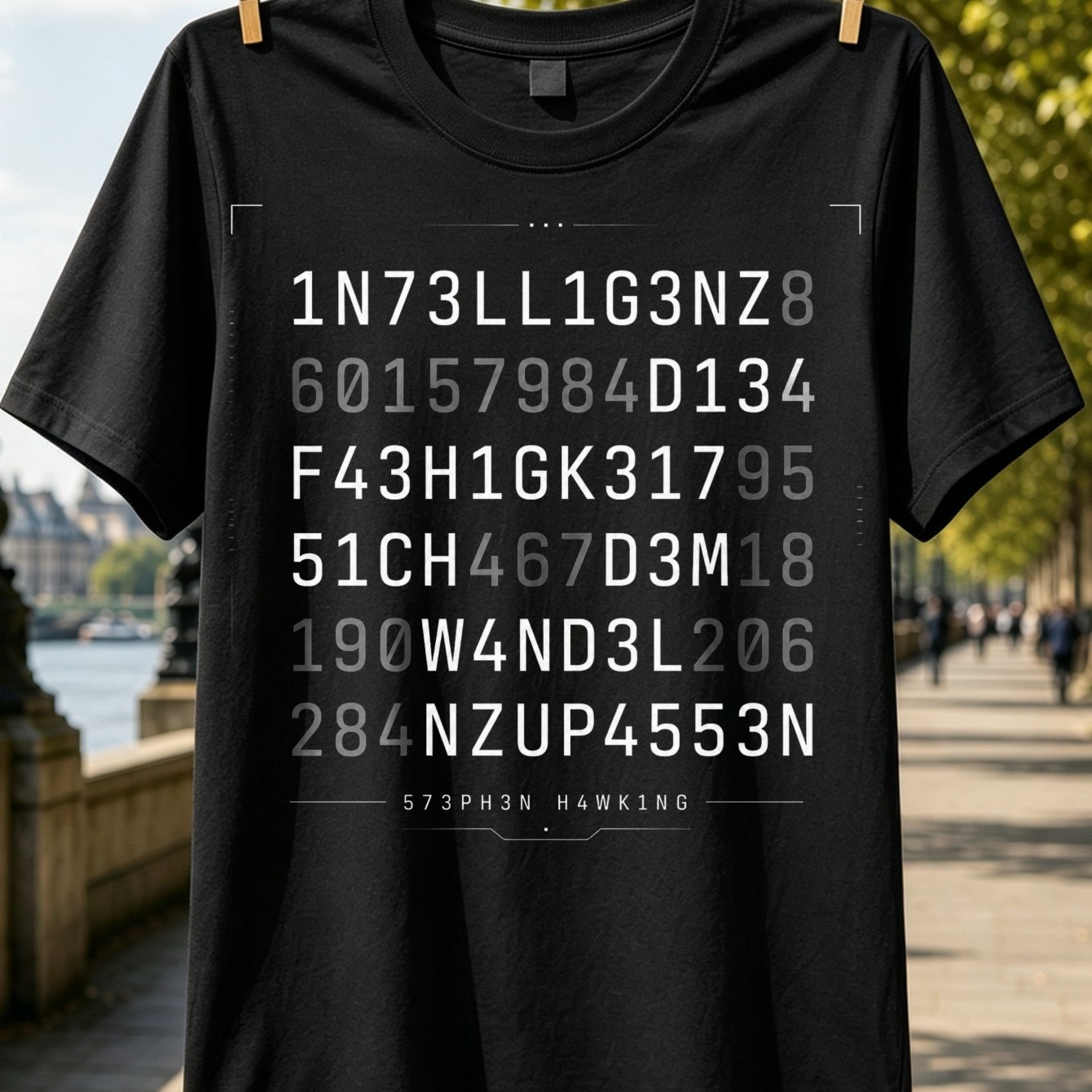 Minimal Futuristic White And Gray Character Grid, Intelligence Quote With Coded Text "573ph3n H4wk1ng", Graphic T-shirt Unisex T-shirt