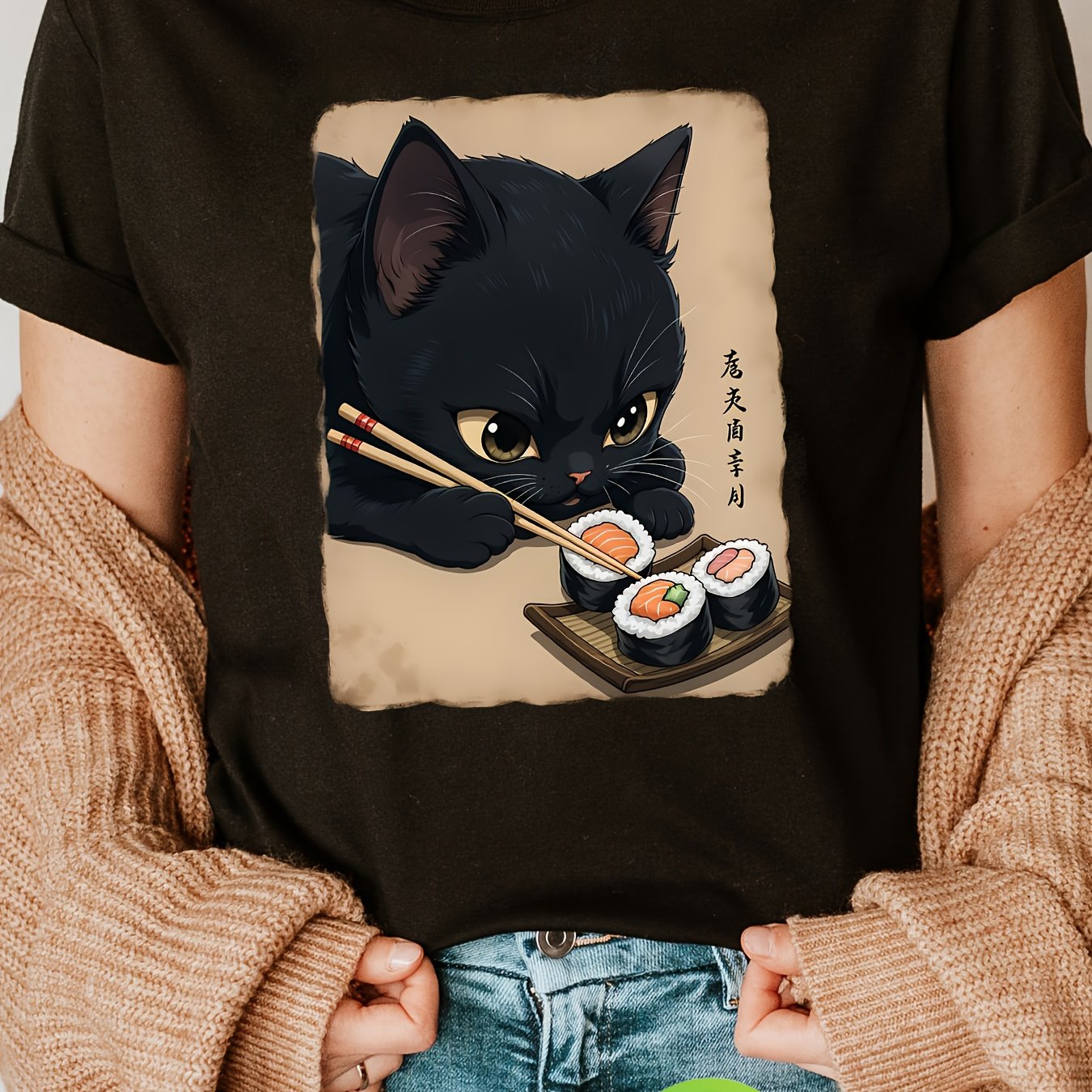 Cat Eating Sushi Print T-shirt, Short Sleeve Crew Neck Casual Top For Summer & Spring, Women&;s Clothing
