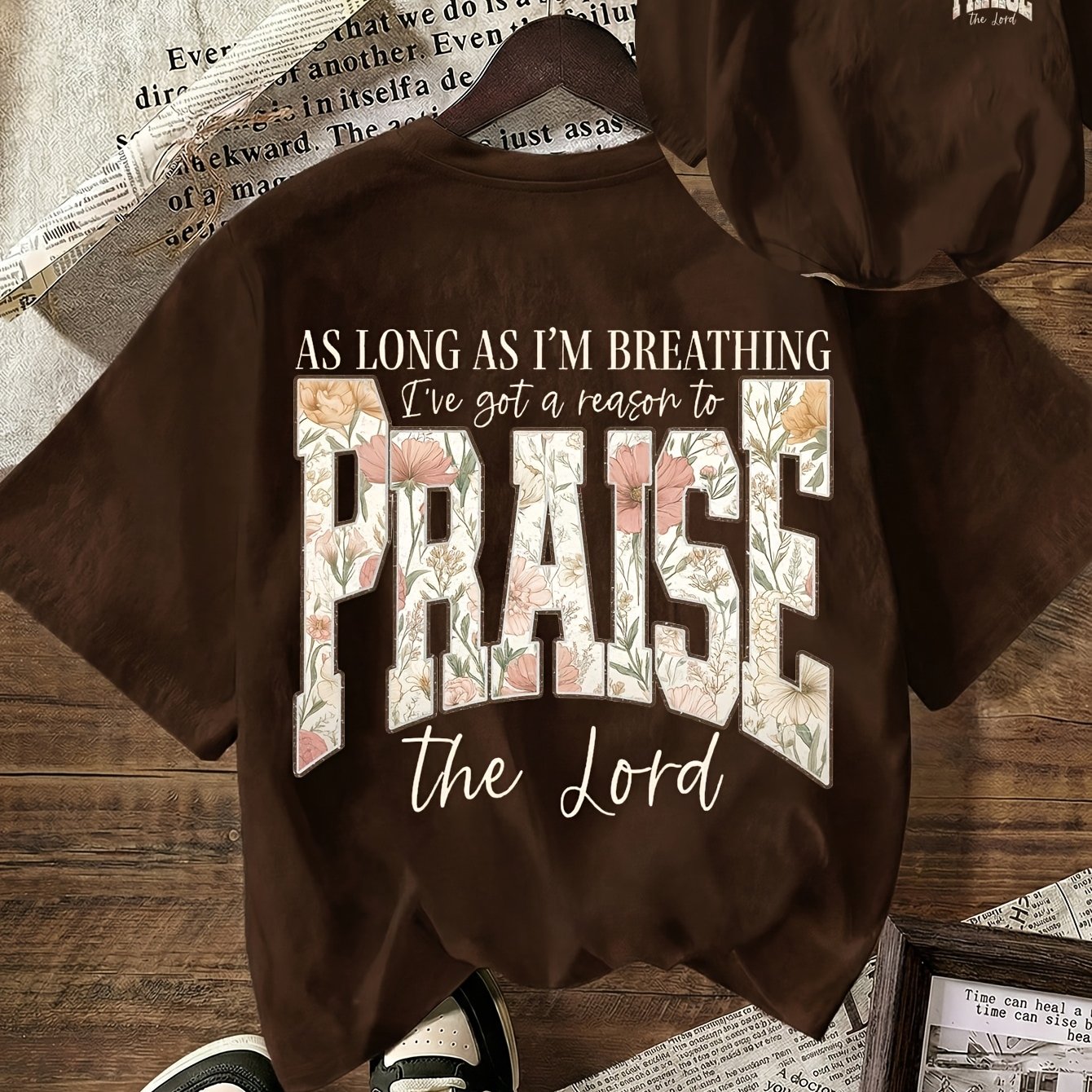 TEMU Praise The Lord Shirt Design, Christian Floral Graphic T-shirt Summer Clothing For Women, Women's Casual Round Neck Short Sleeve T-shirt