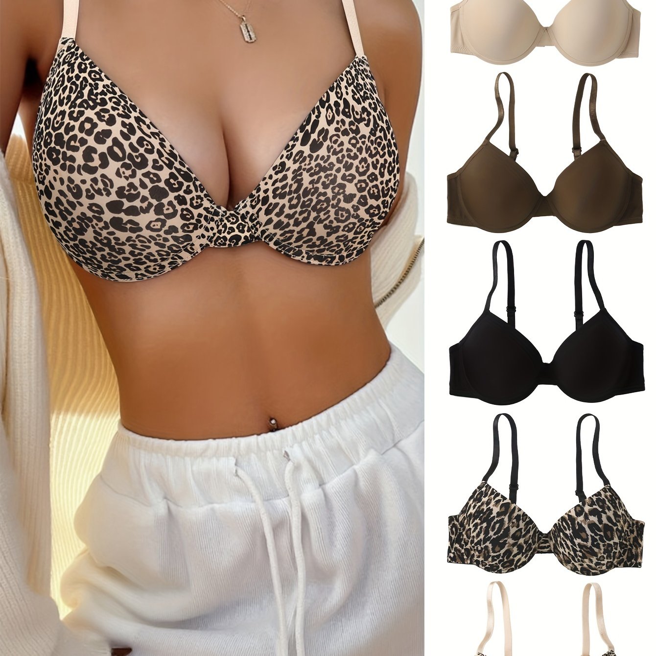 Solid Leopard Push Bras Comfy Breathable Bow Tie Bra Women's - Temu