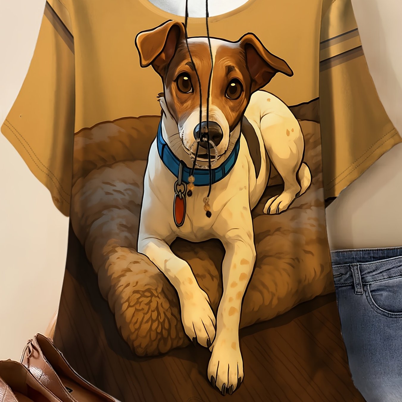 TEMU Women's Plus Size Round Neck Short Sleeve T-shirt, Warm Base Layer Jacquard Dog Print, Soft And Breathable, Casual Wear For Pet Lovers
