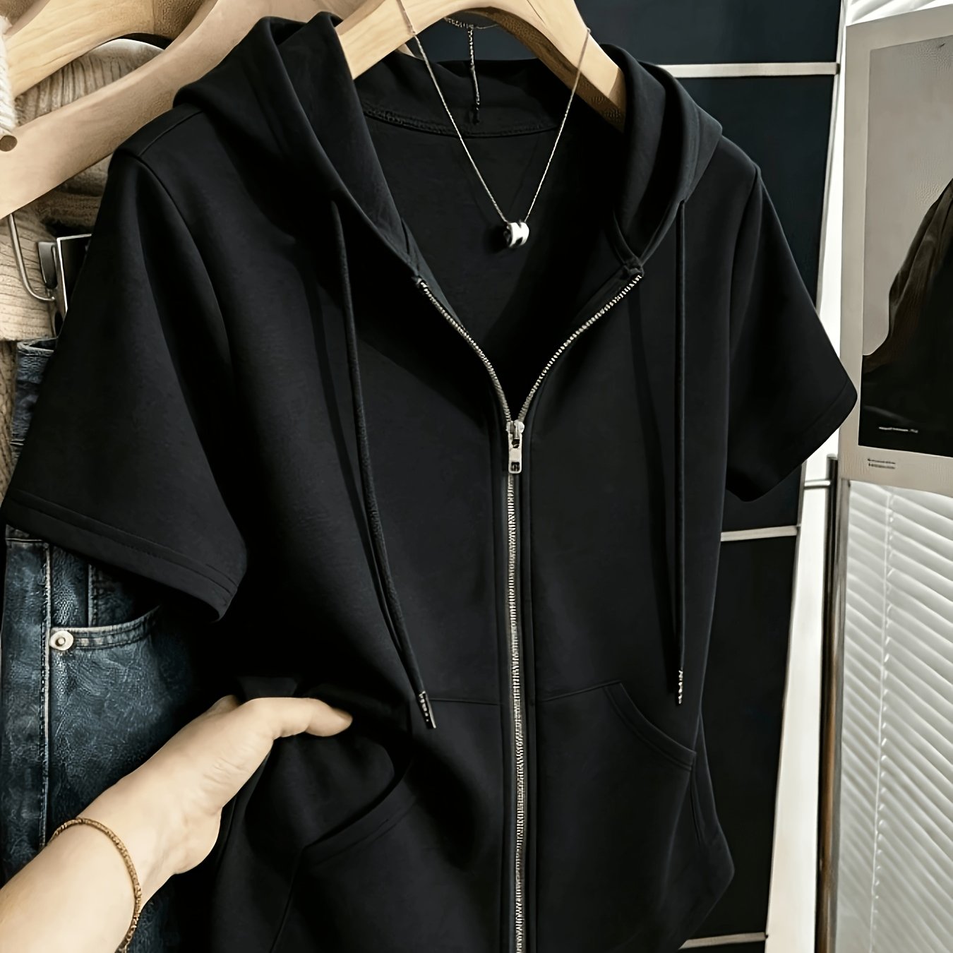 TEMU Directional Development Western Women's New Solid Color Hooded Drawstring Short Sleeve Sweatshirt