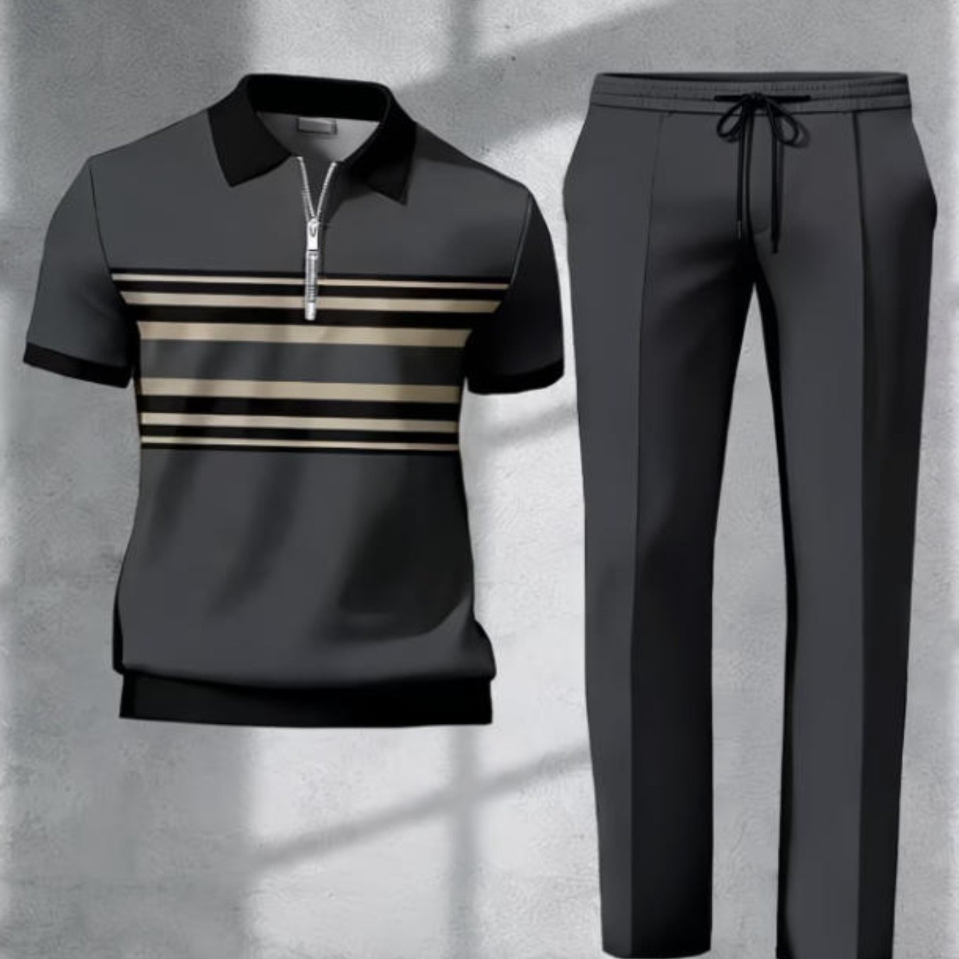 Men's Shirt Set Blue Striped Short Sleeve Zip Collar Casual Style Men's Fashion For Adults Men Casual Outfit
